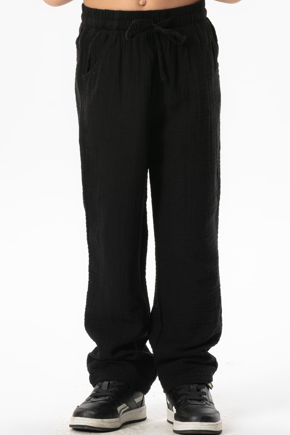 Beli Lastikli Müslin Cepli Yazlık Çocuk Pantolon Siyah Syh