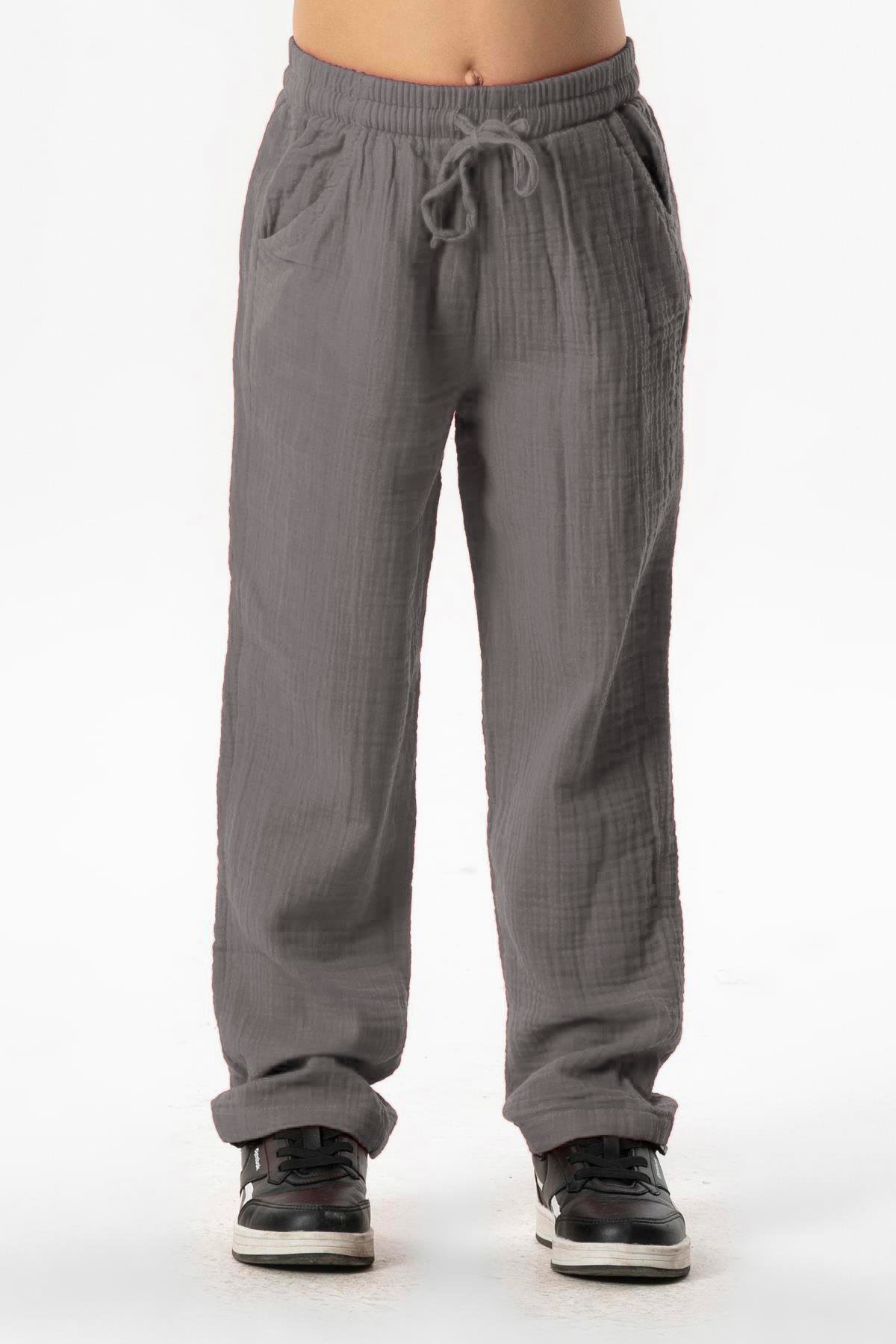 Beli Lastikli Müslin Cepli Yazlık Çocuk Pantolon Gri Gri