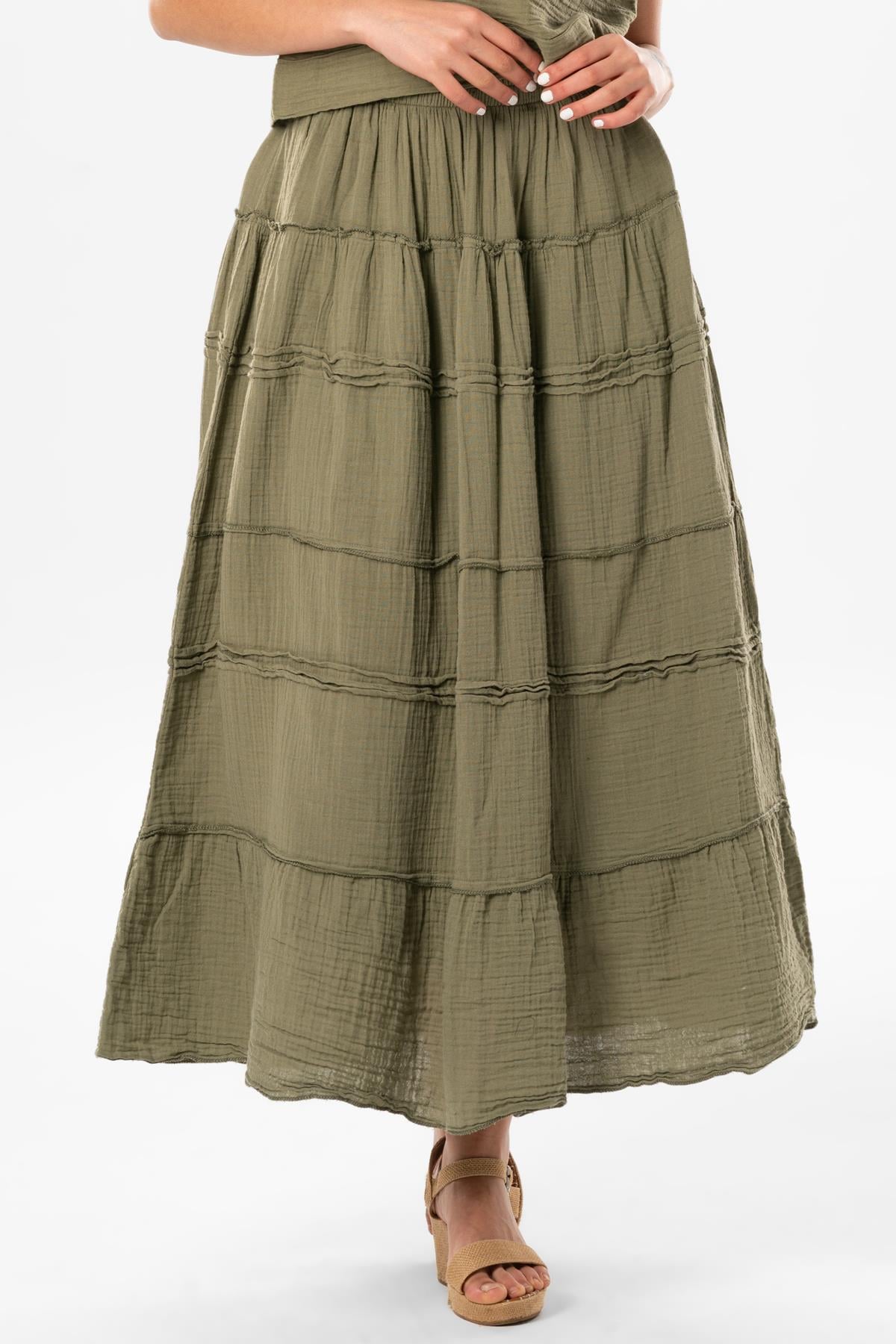 Benan Elastic Waist Long Summer Muslin Skirt Khaki