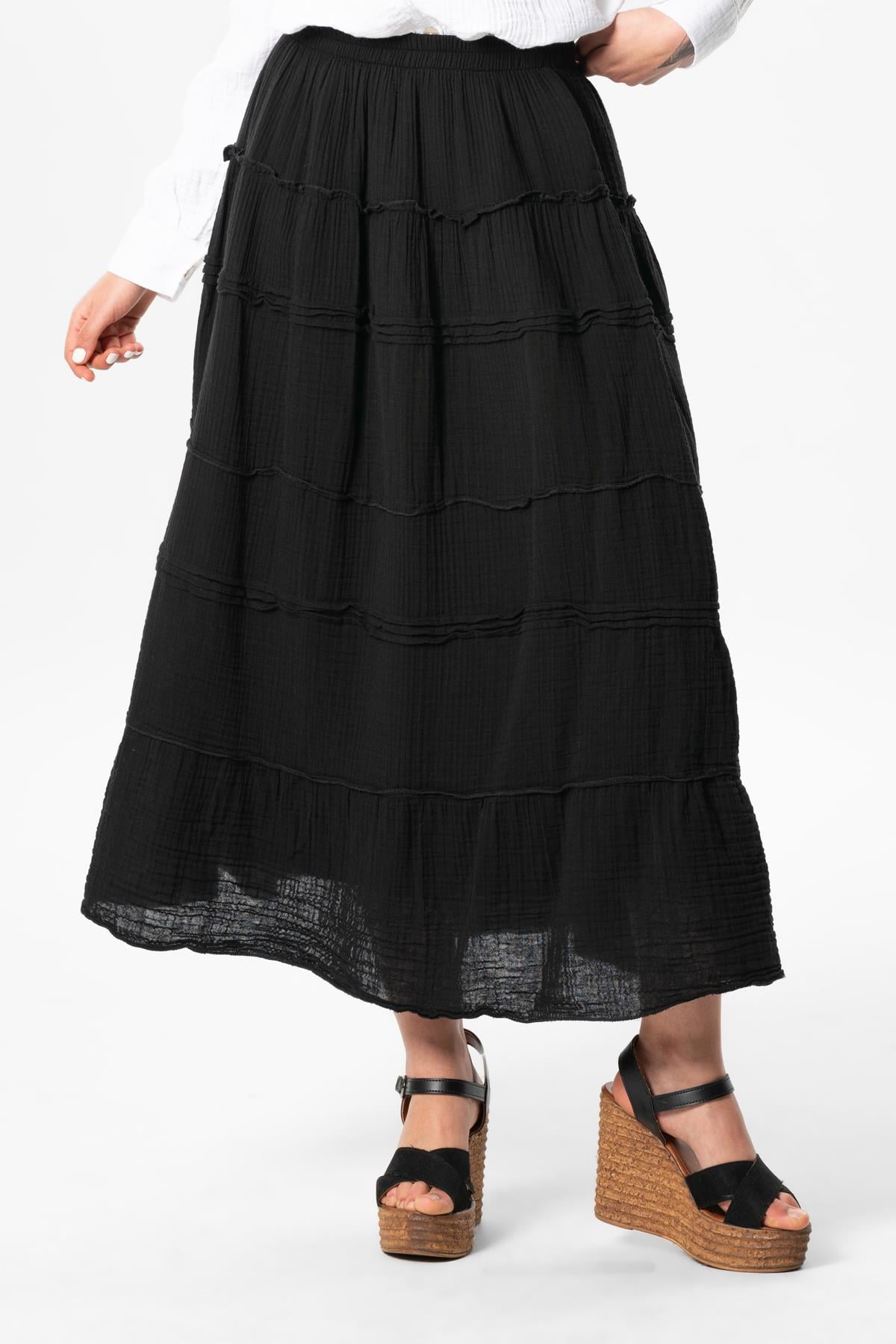 Benan Elastic Waist Long Summer Muslin Skirt Black