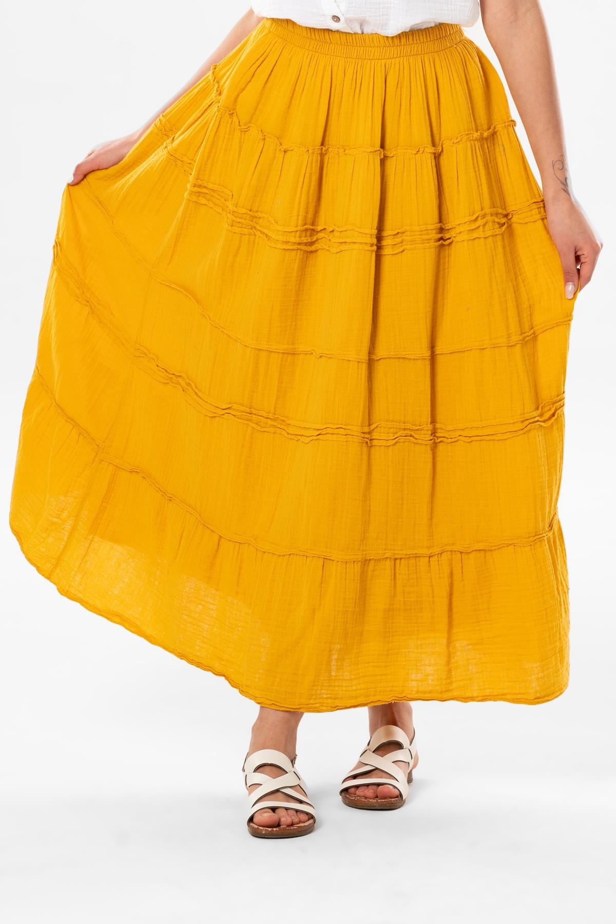 Benan Elastic Waist Long Summer Muslin Skirt Mustard
