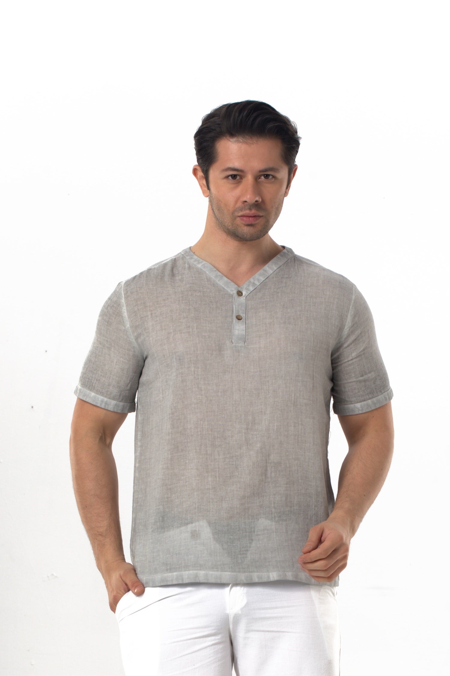 Bora Düğmeli V Yaka Kısa Kol Poplin Erkek Tişört | Yazlık Erkek Tshirt Gri Gri