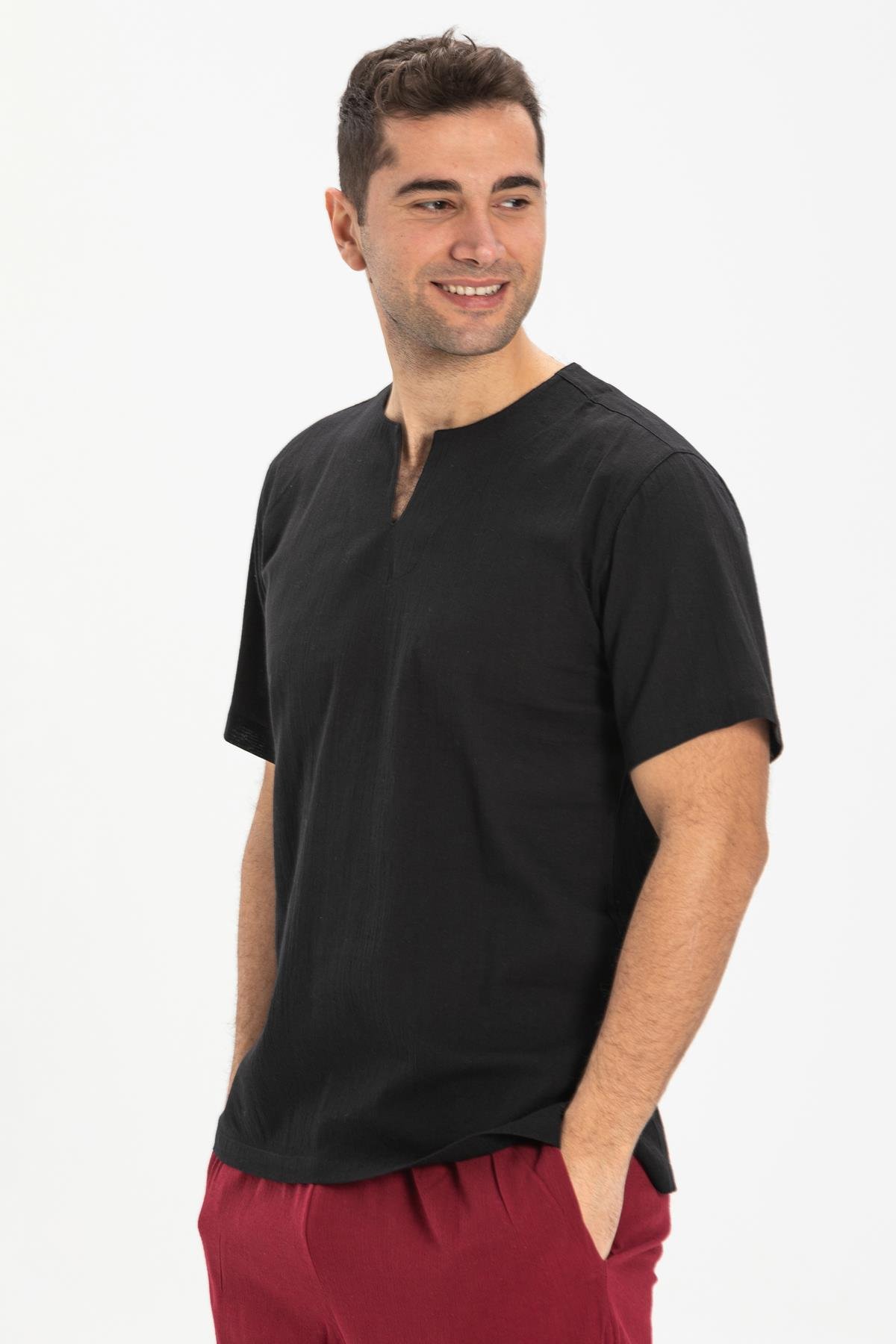 Büyük Beden Kısa Kol Şile Bezi Bisiklet Yaka Erkek Tshirt Siyah 3003