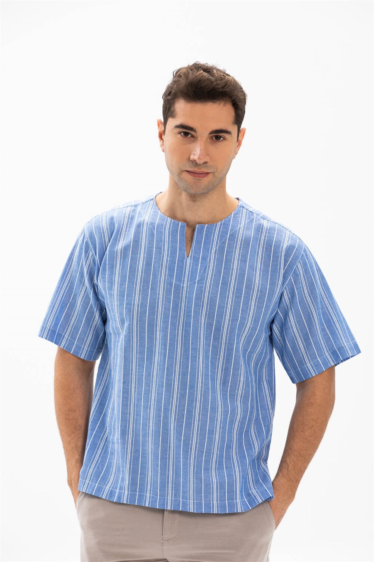 Büyük Beden Kısa Kol Şile Bezi Bisiklet Yaka Erkek Tshirt Mavi Beyaz Çizgili