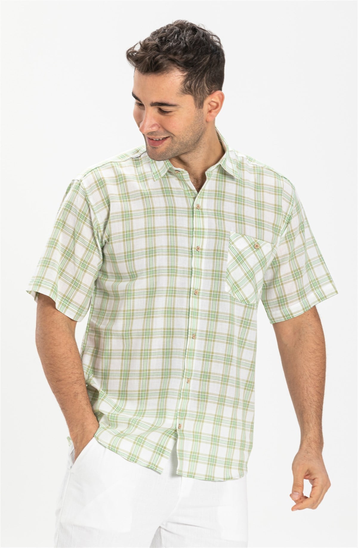 Plus Size Short Sleeve Sile Cloth Shirt Green Plaid