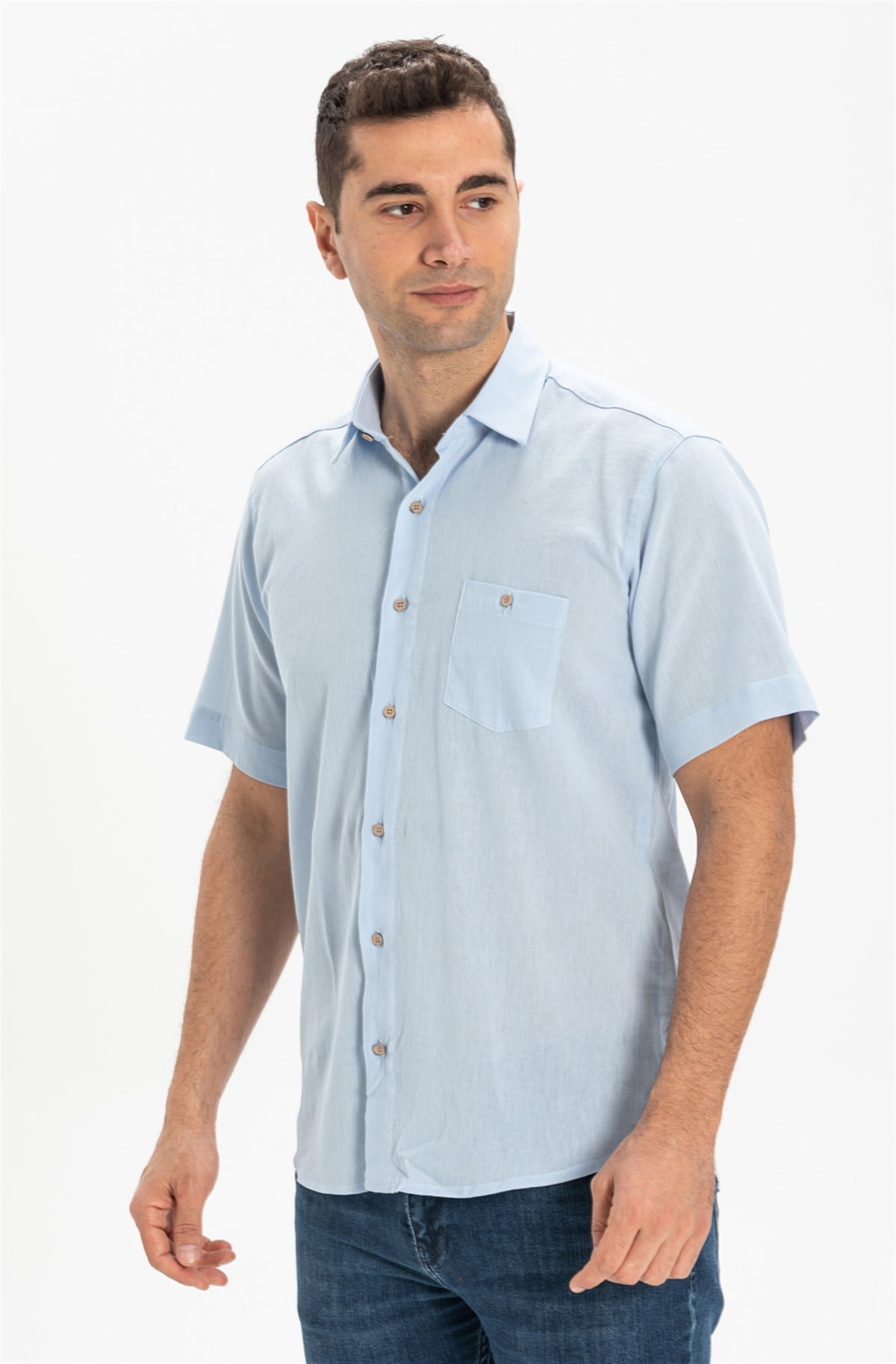 Plus Size Short Sleeve Sile Cloth Shirt  Ice Blue