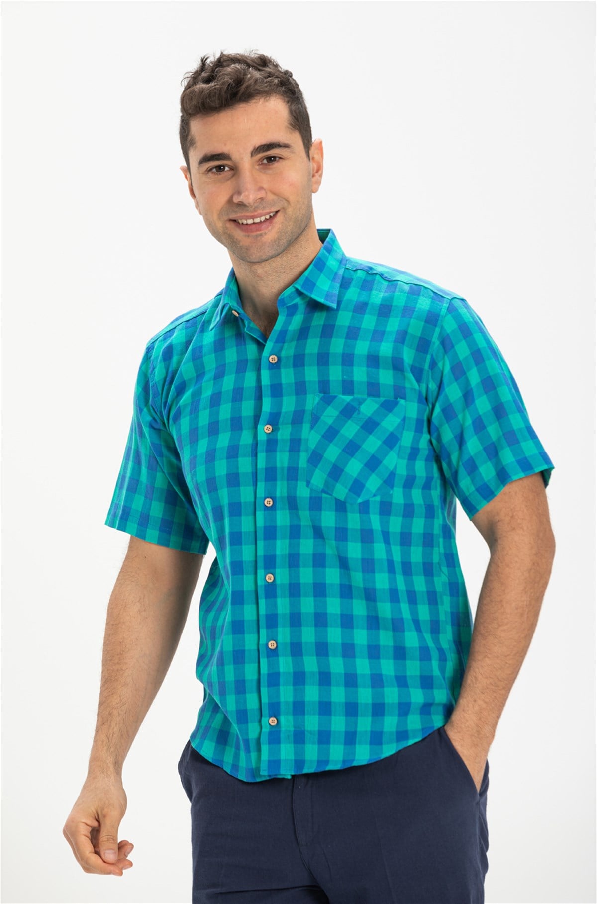 Plus Size Short Sleeve Sile Cloth Shirt Mint Check