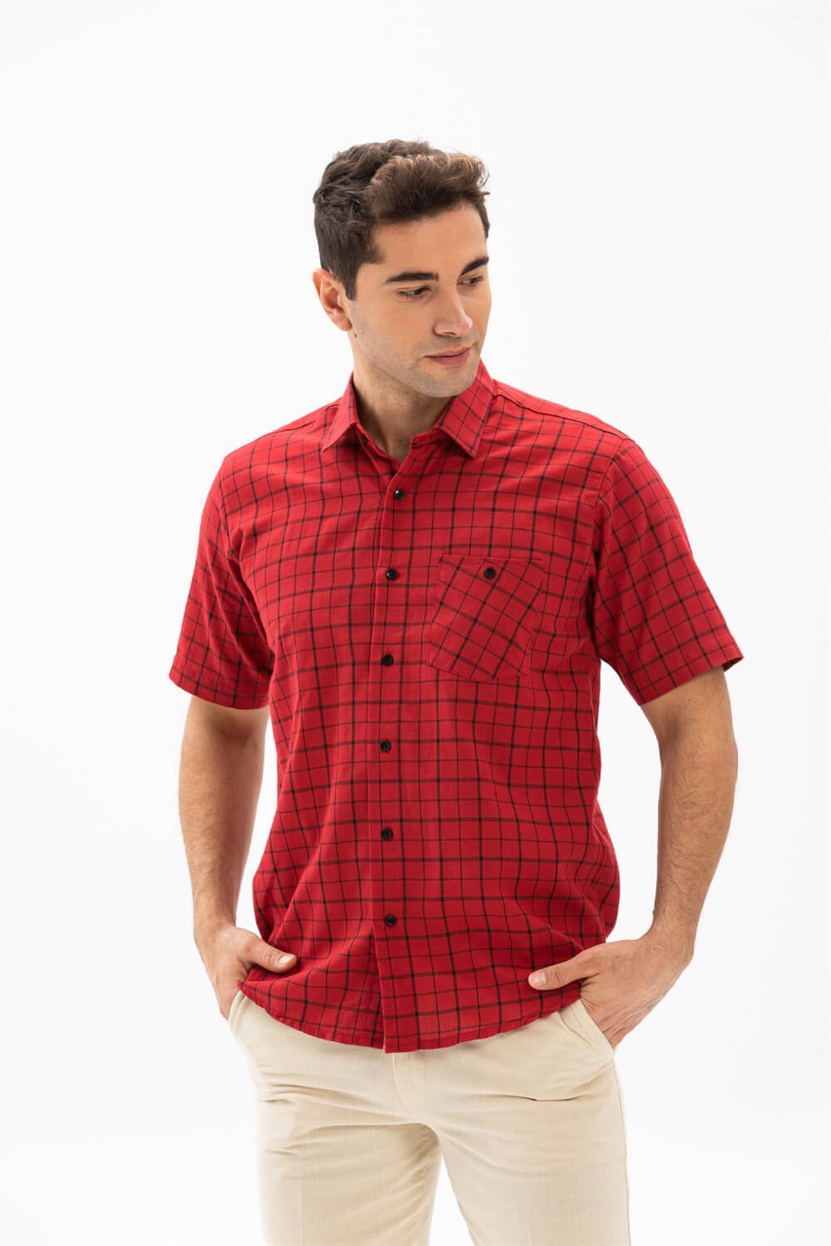 Büyük Beden Kısa Kol Şile Bezi Erkek Gömlek Kırmızı Kareli