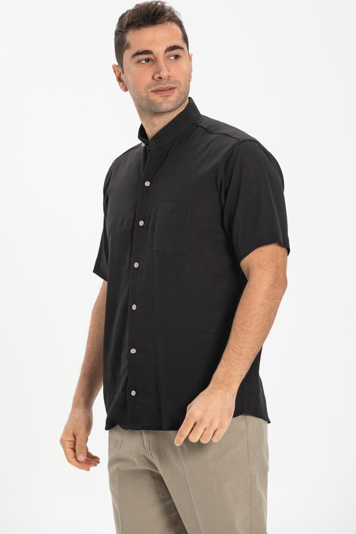 Large Size Short Sleeve Sile Fabric Large Collar Men's Shirt Black