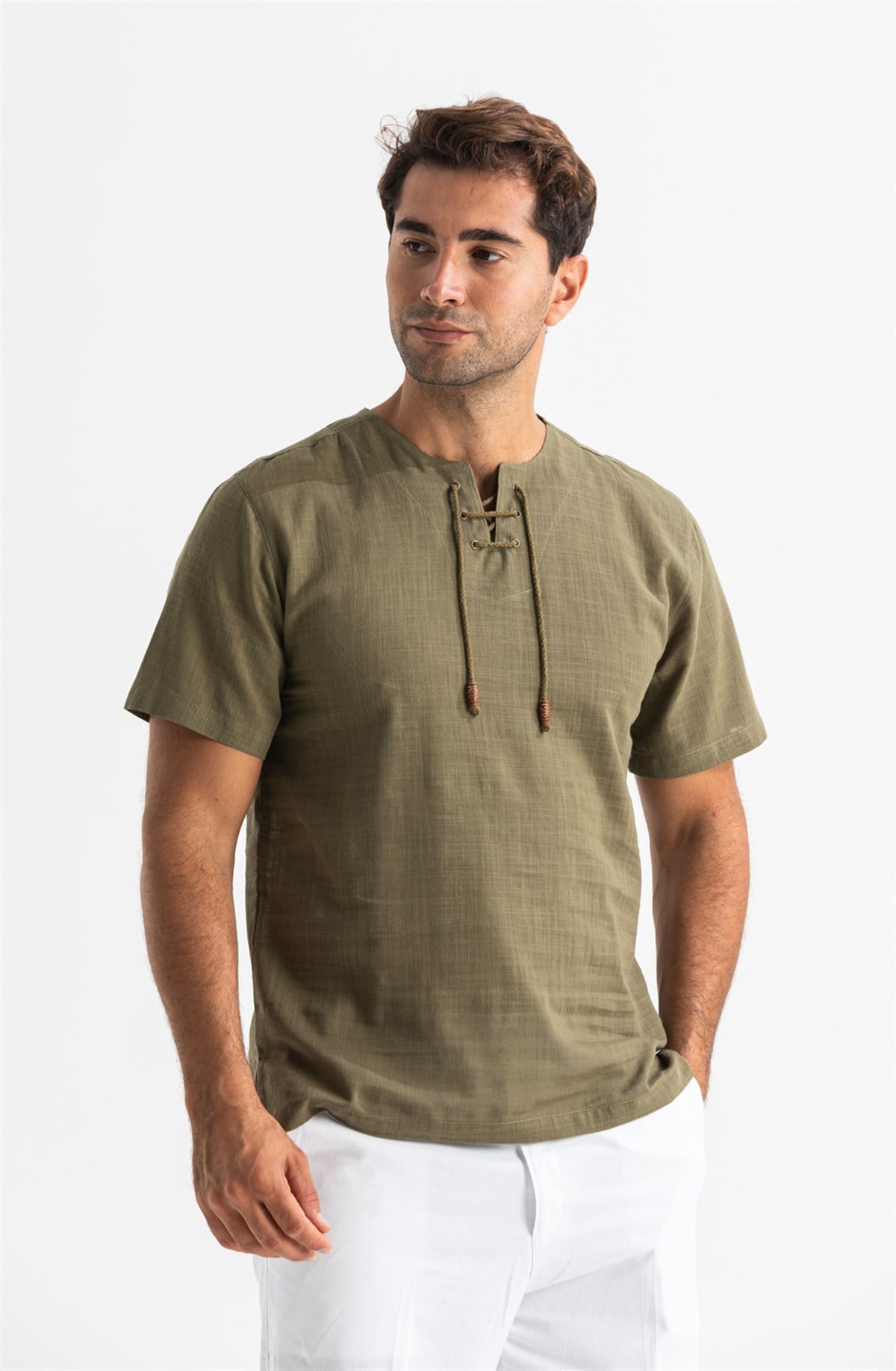 Plus Size Short Arm Sile Fabric Stripped Men TShirt Khaki