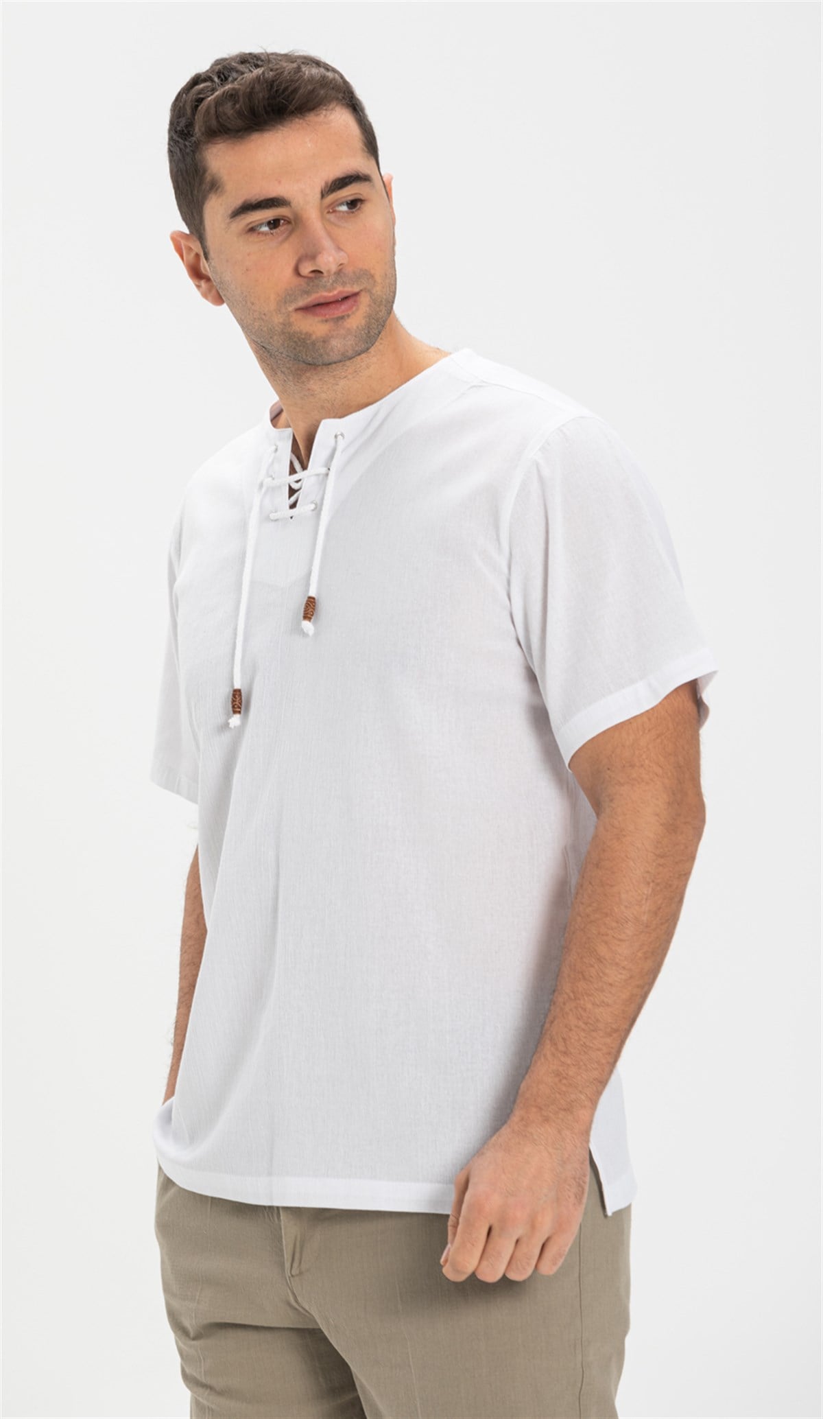 Large Size Short Sleeve Şile Cloth Stapled Men's Tshirt White
