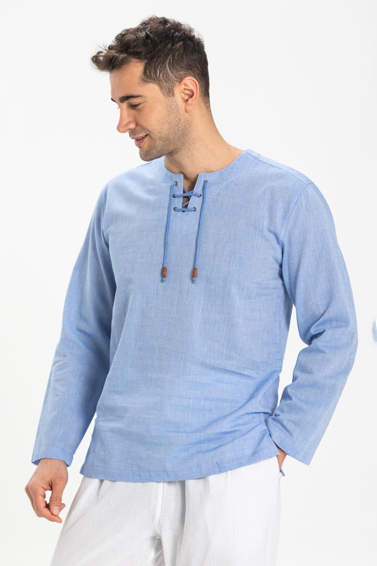 Büyük Beden Şile Bezi Uzun Kol Zımbalı Erkek Tshirt Mavi 3032