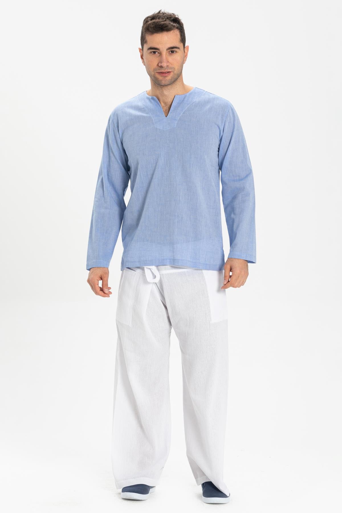 Büyük Beden Uzun Kol Şile Bezi Bisiklet Yaka Erkek Tshirt Mavi 3032