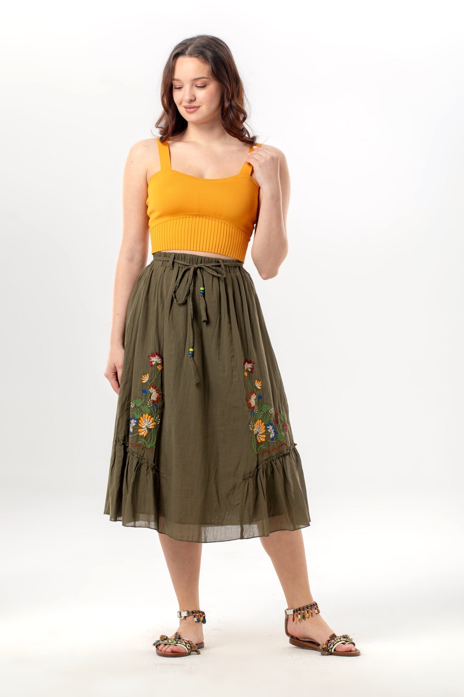 Canan Vual Tie and Elastic Detail Midi Length Summer Authentic Skirt Khaki