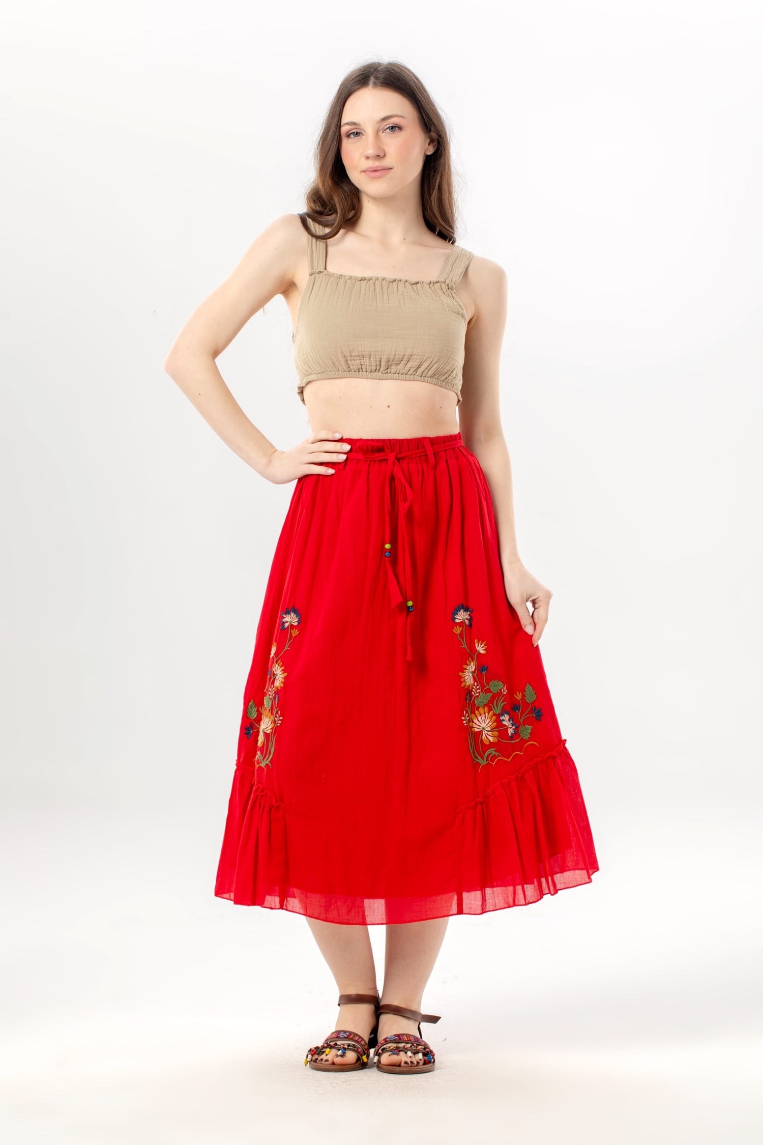 Canan Vual Tie and Elastic Detail Midi Length Summer Authentic Skirt Coral