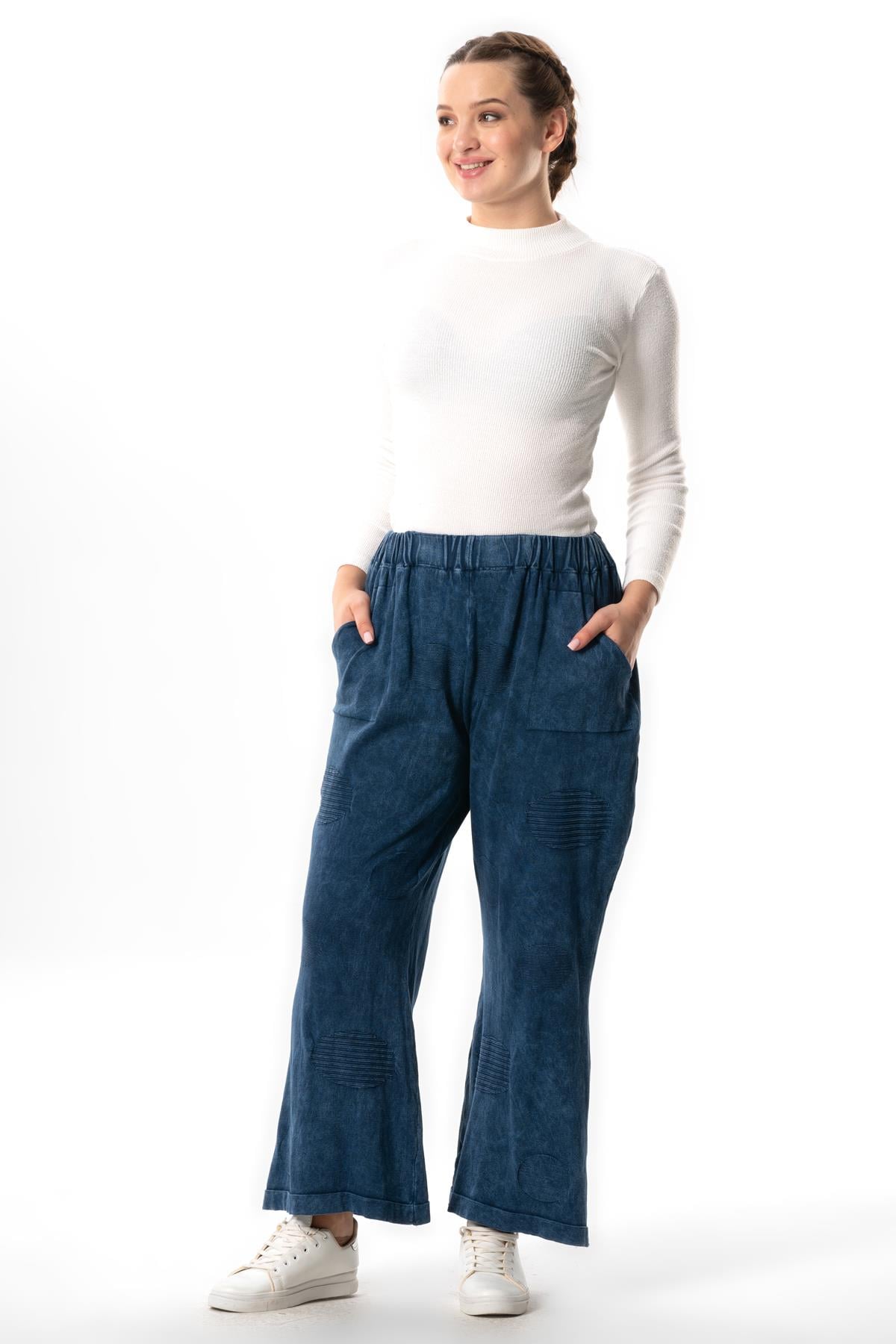 Çisel Double Pocket Fall Winter Knitwear Pants Elastic Waist Indigo