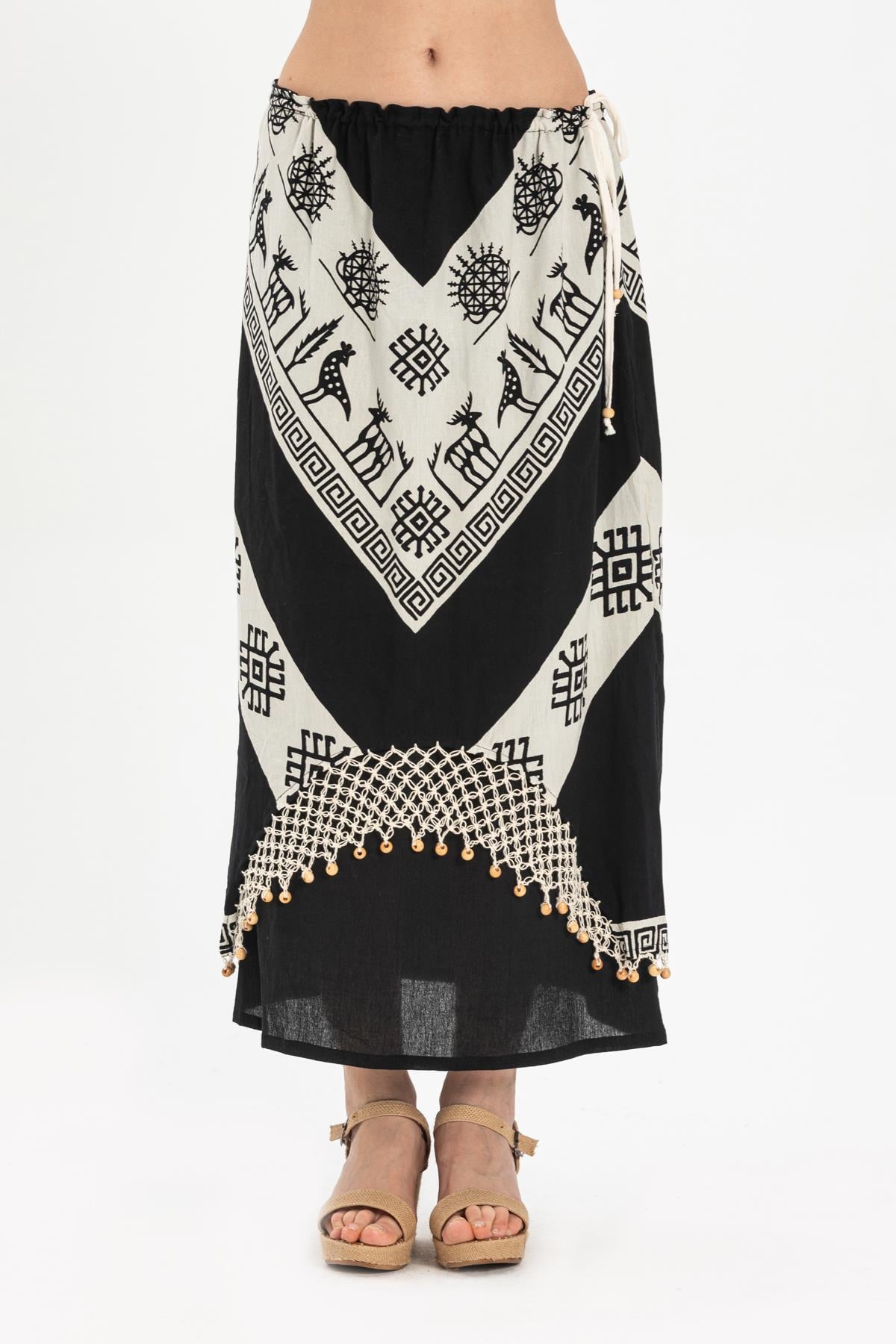 Mesh Cotton Stone Colour Printing Skirt V Pattern Black-White