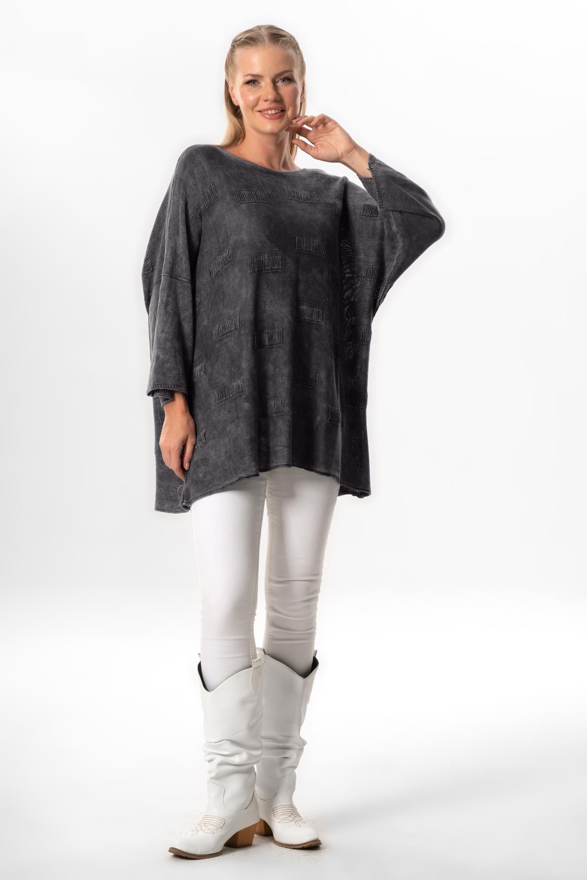 Wide Sleeve Hira Autumn and Winter Asymmetrical Cut Authentic Sweater Blouse Smoked