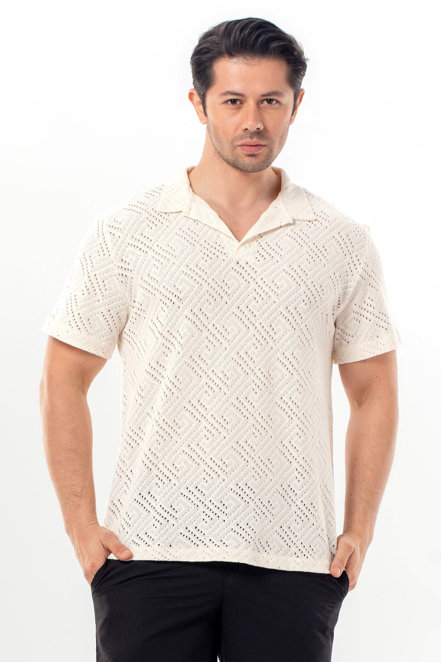 Girit Short-Sleeved Buttoned Kopanaki Men's Tshirt | Men's Summer T-Shirt Cream