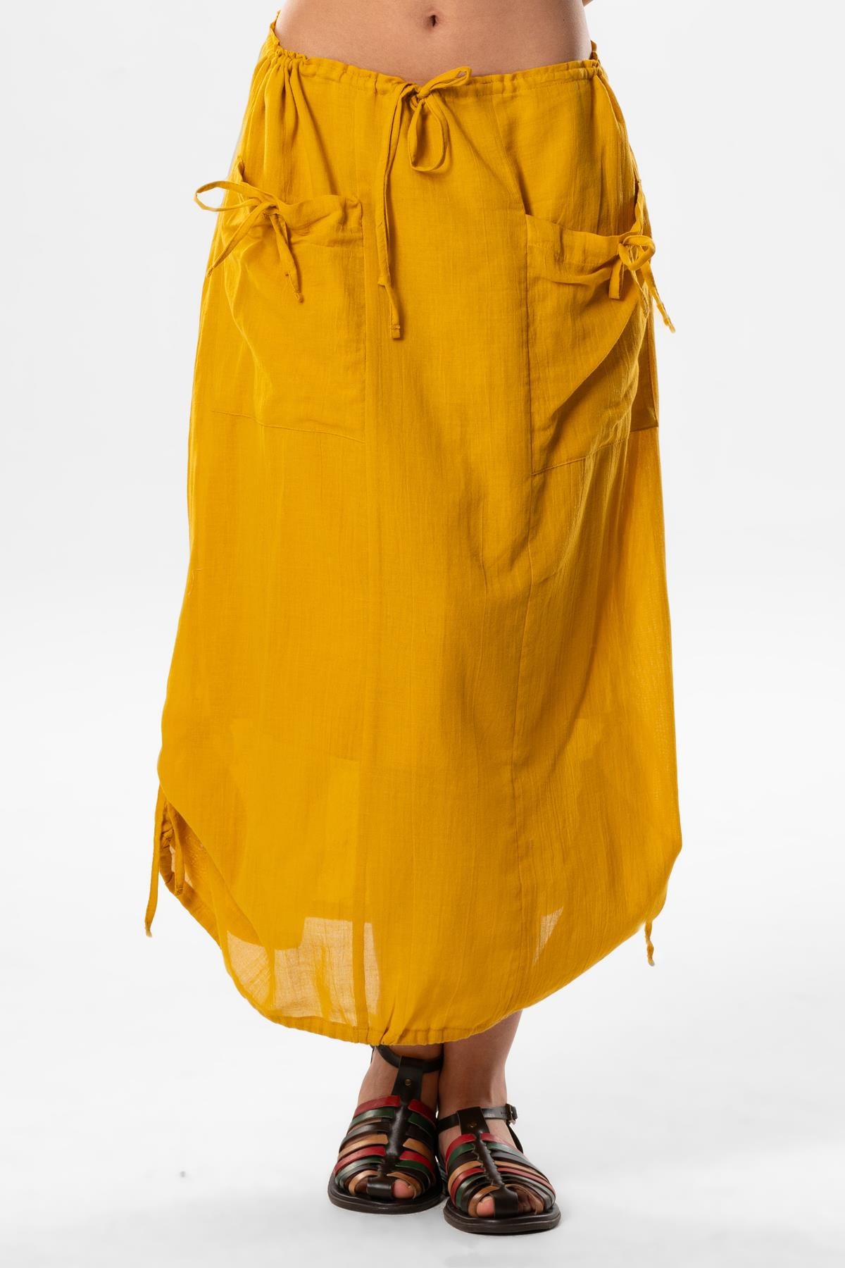 Gökşen Voile Binding and Elastic Detail Midi Length Summer Authentic Skirt Mustard