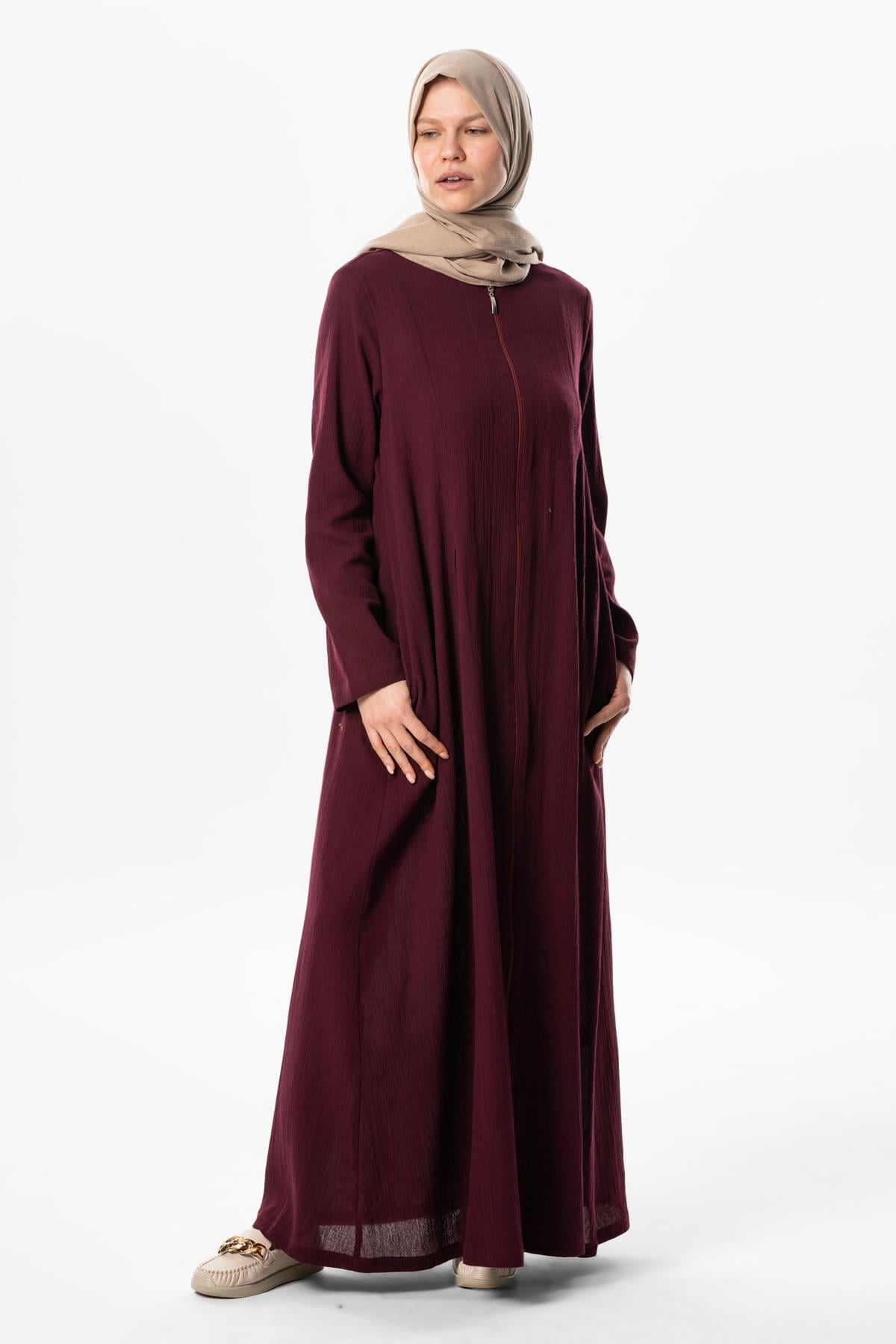 Hicran Sile Cloth Large Size Zipper for Seasonal and Summer Abaya Plum
