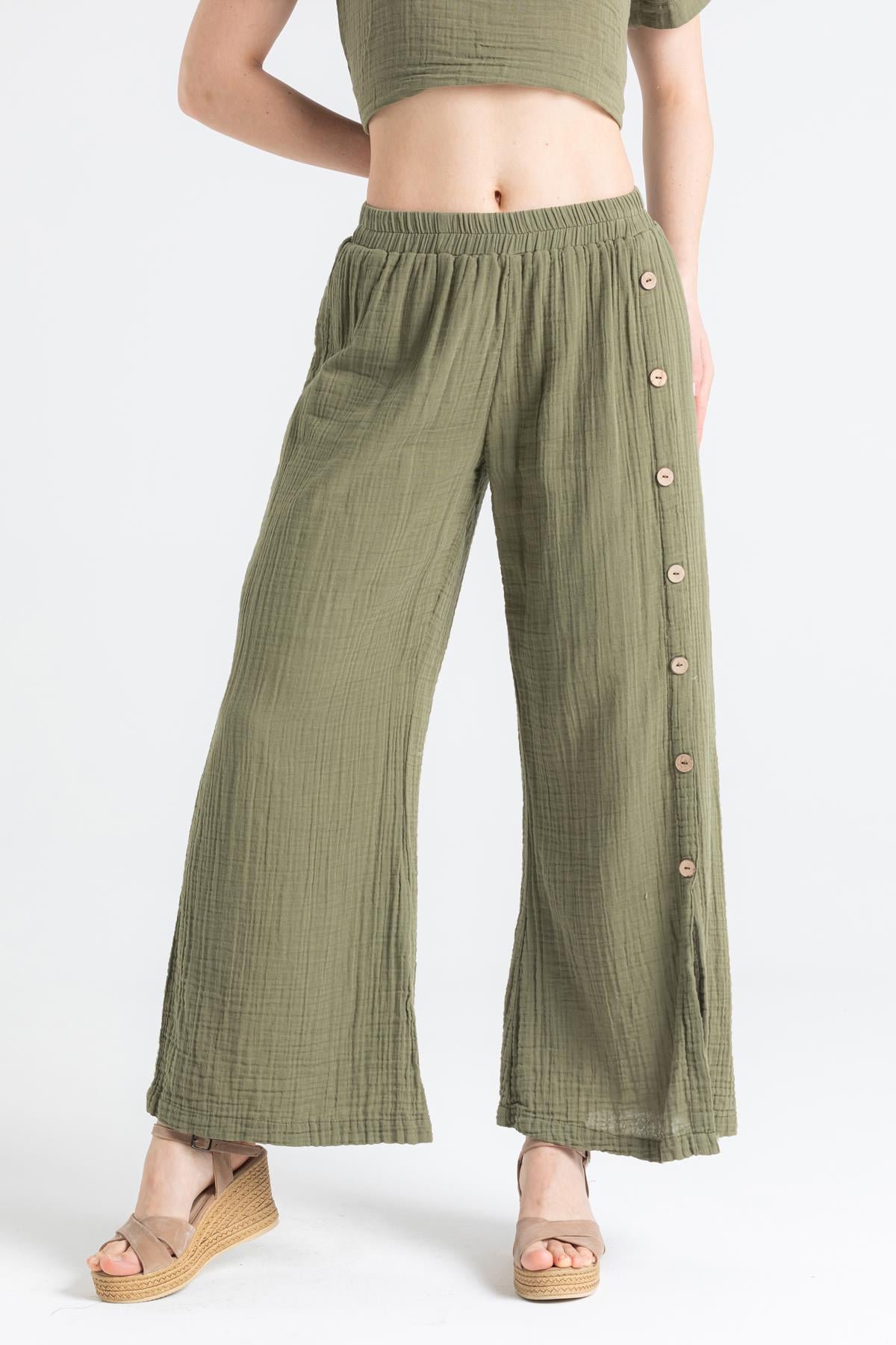 Izel Muslin Slit Trousers Khaki