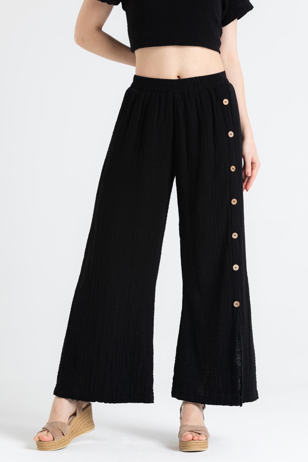 İzel Müslin Yırtmaçlı Pantolon Siyah Syh