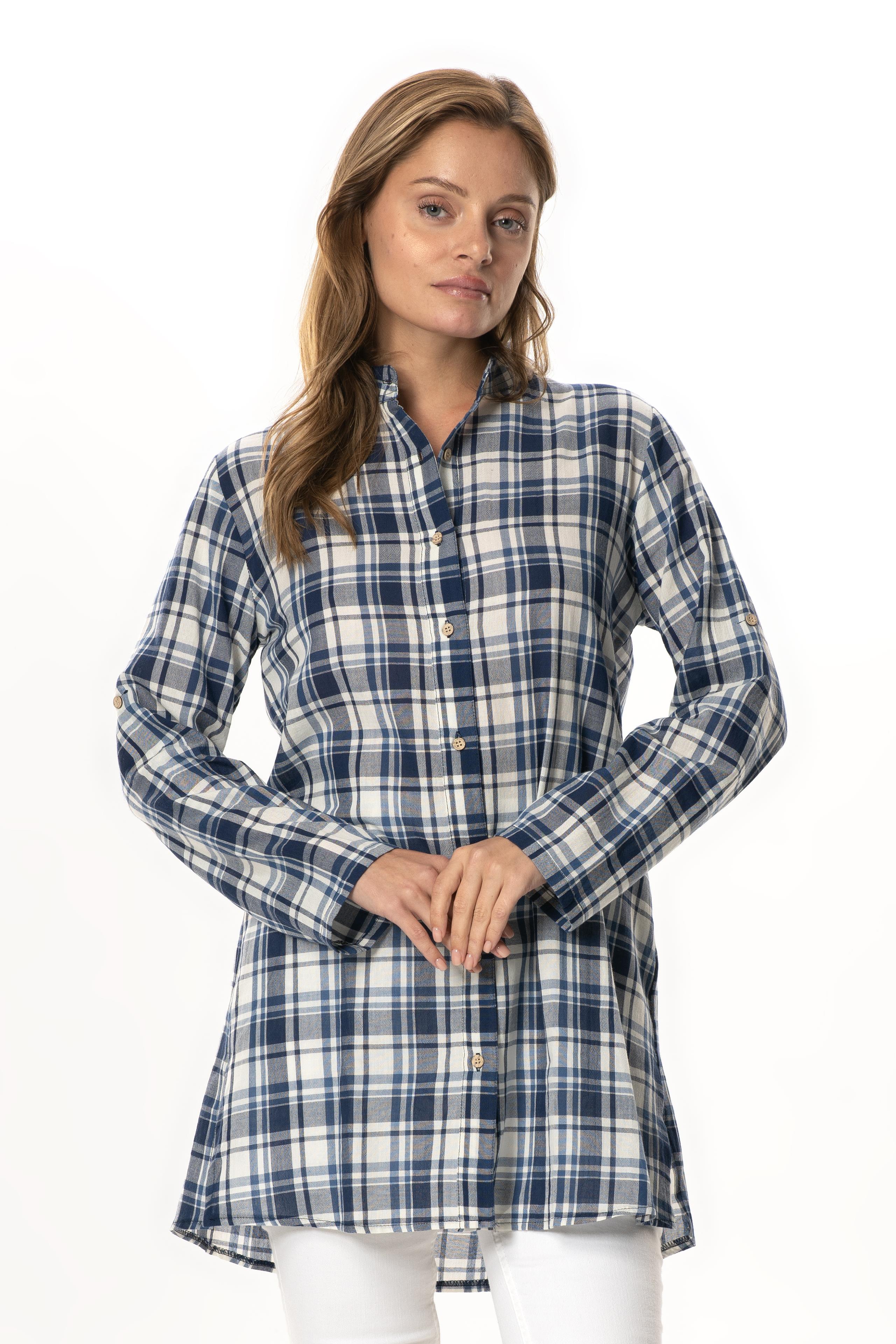 Female Judge Collar Şile Fabric  Tunic Navy Blue Plaid