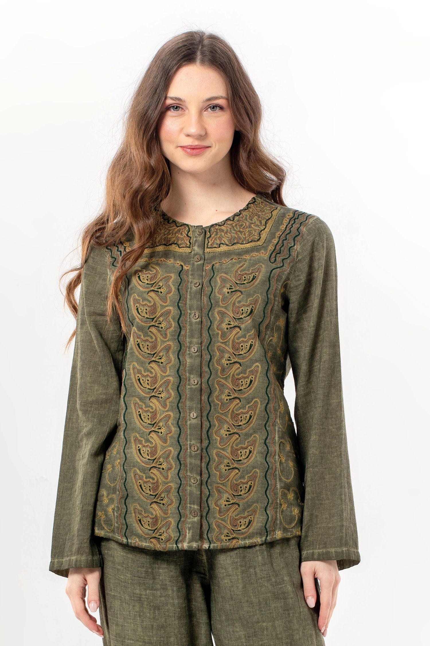 Foldable Long Sleeve İnka Round Neck Summer Buttoned Authentic Poplin Women's Shirt Khaki