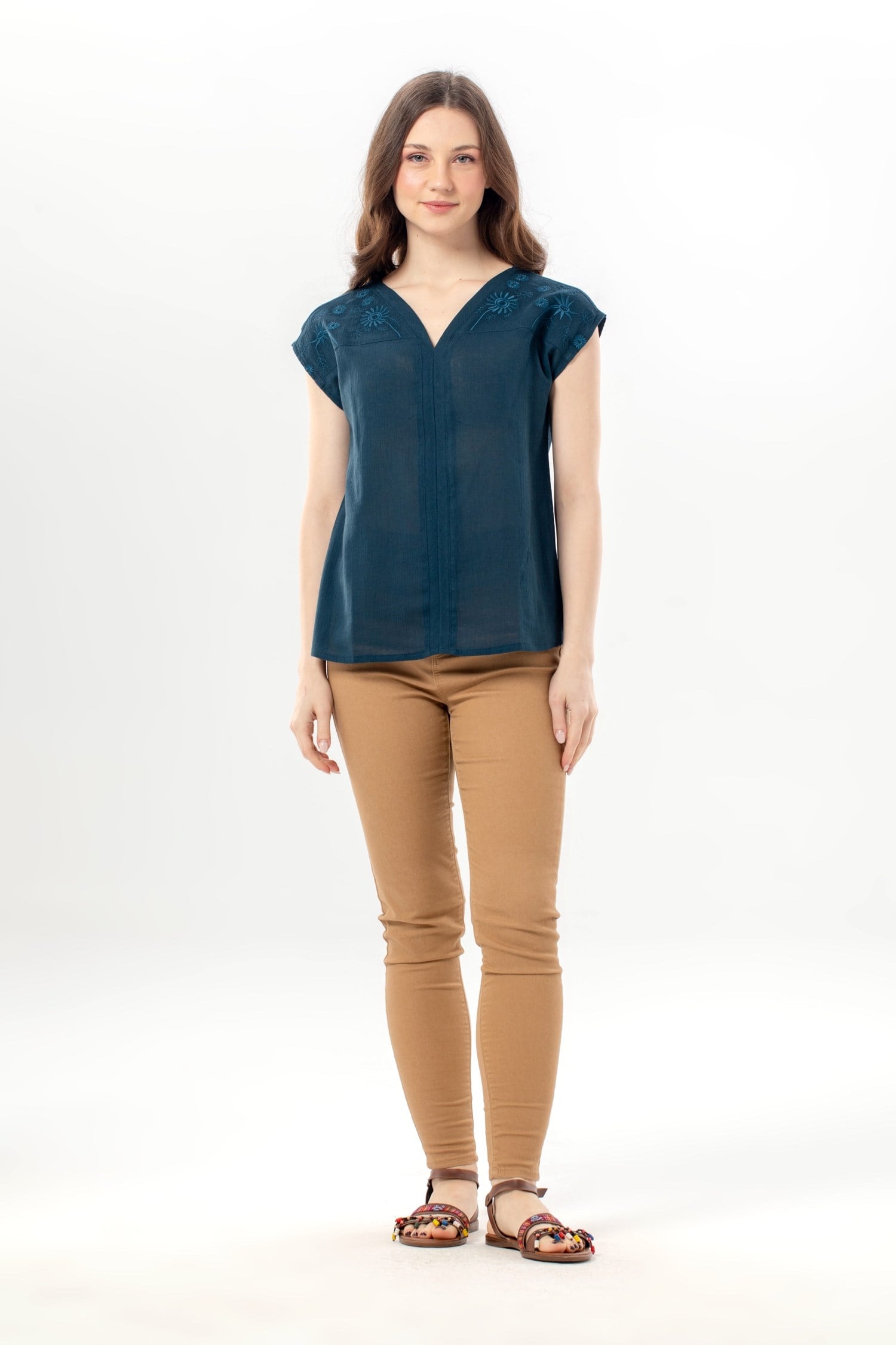 Short Sleeve Gülizar Şile Fabric Summer Embroidered Blouse Oil