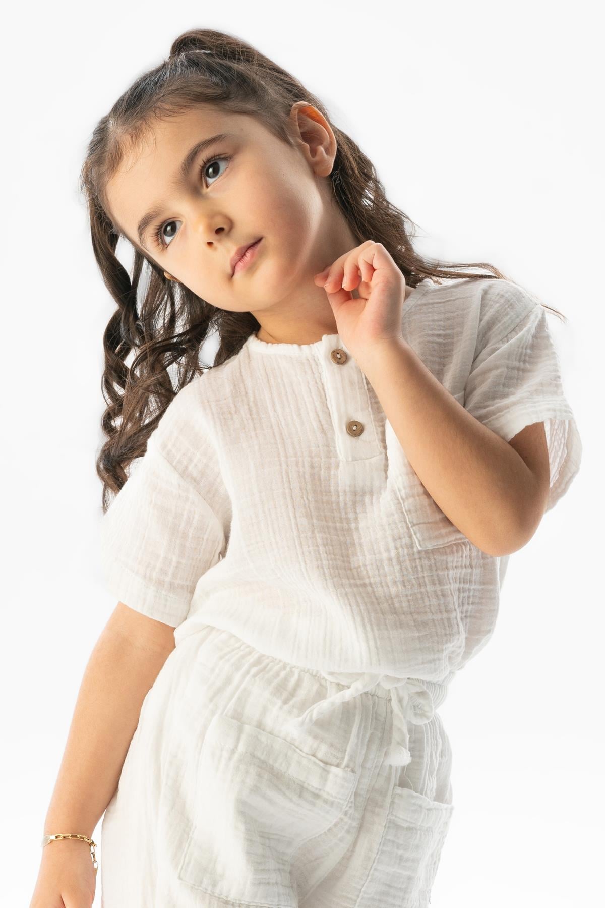Short Sleeve Batı Pocket Detailed Summer Muslin Girl's T-Shirt White