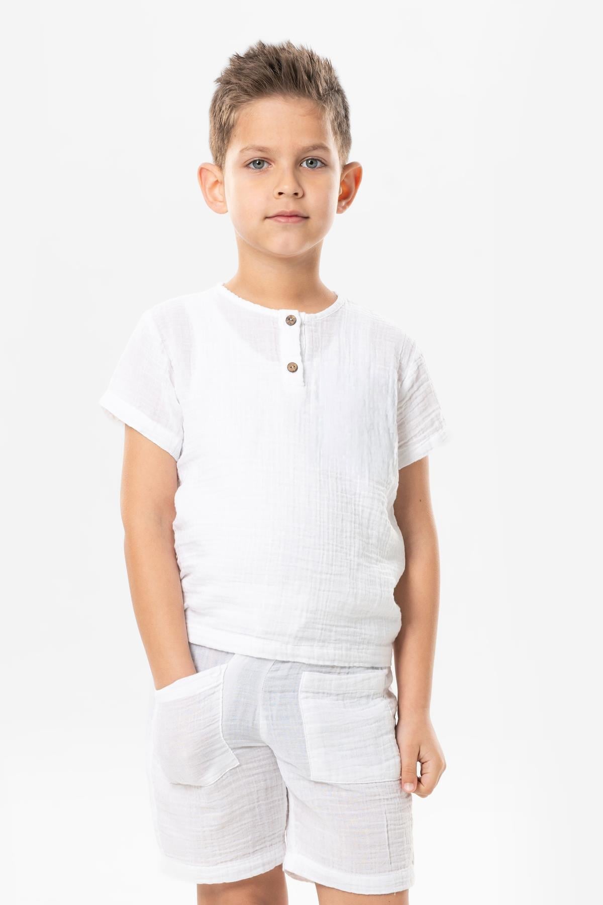 Short Sleeve Western Pocket Detailed Summer Muslin Boys' Tshirt White