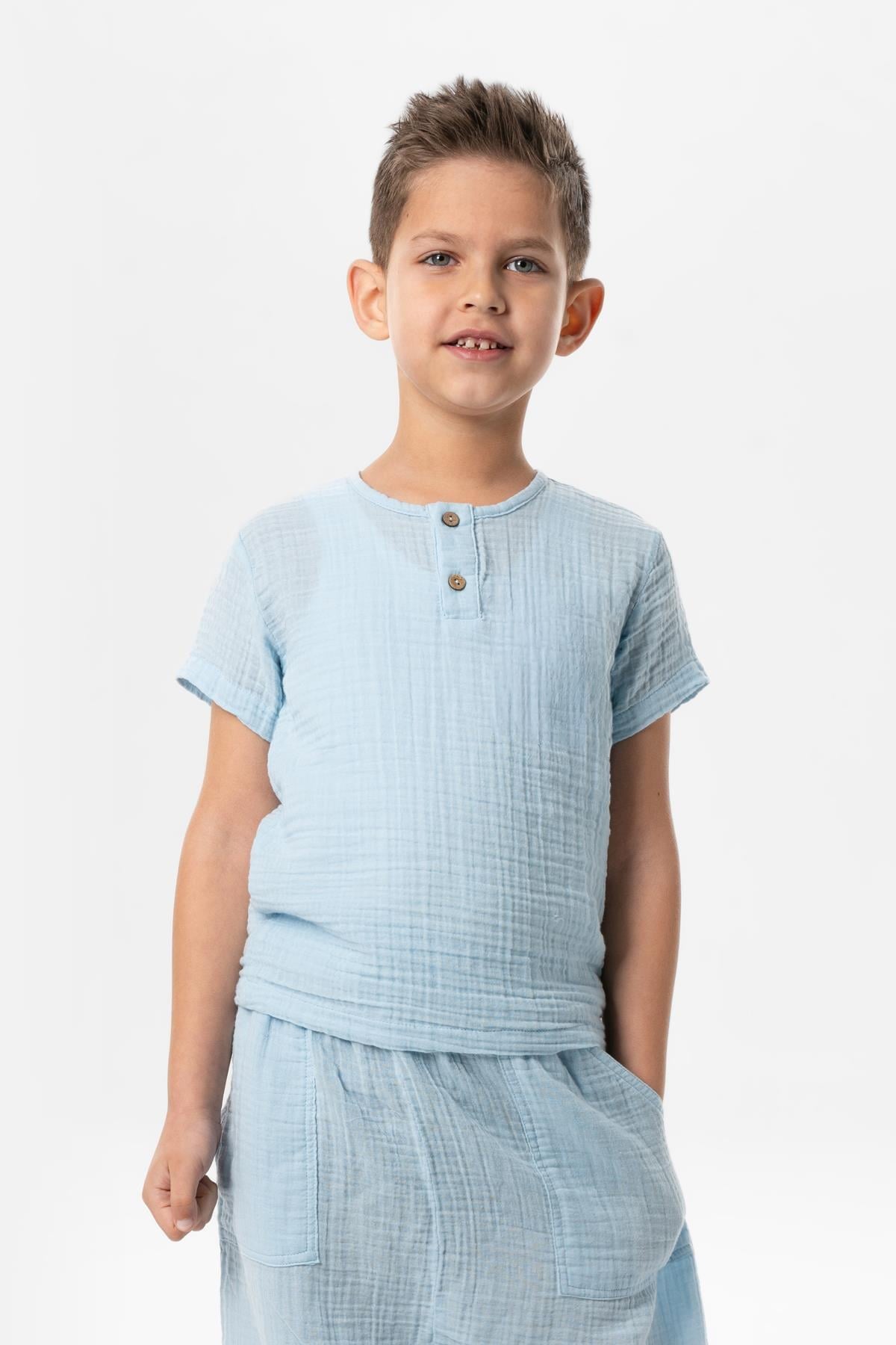 Kısa Kol Batı Yazlık Müslin Erkek Çocuk Tshirt Buz Mavi Bmv