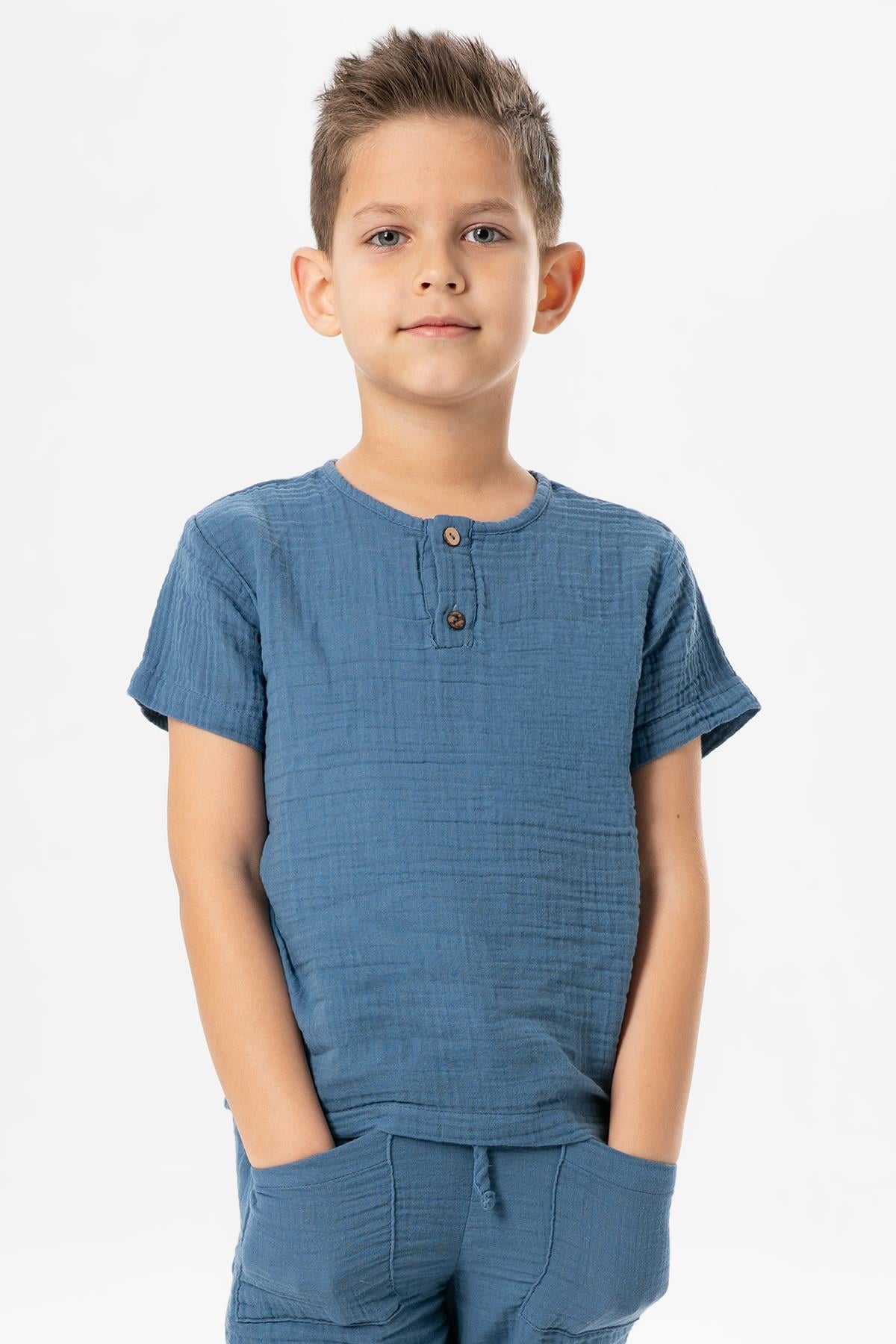 Short Sleeve Western Pocket Detailed Summer Muslin Boys' Tshirt Indigo
