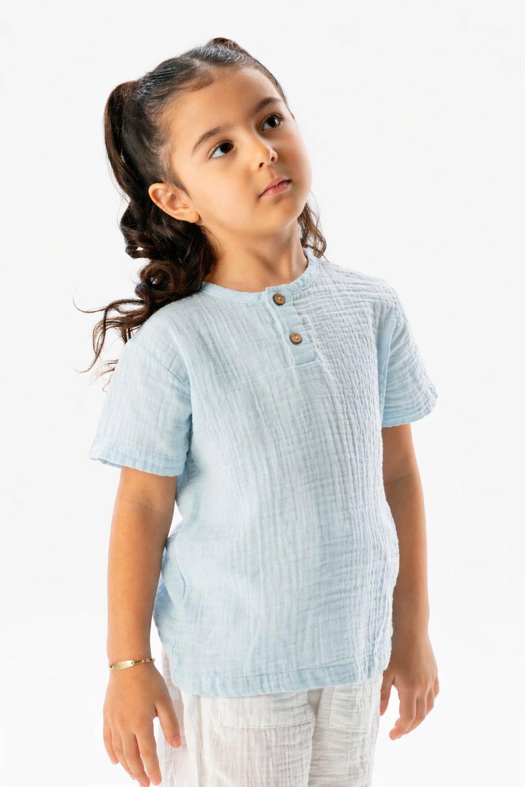 Short Sleeve Batı Pocket Detailed Summer Muslin Girl's T-Shirt Ice Blue
