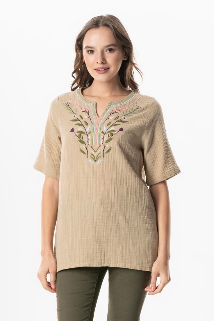 Short Sleeve Çiçek V Neck Embroidered Muslin Summer Blouse Mink