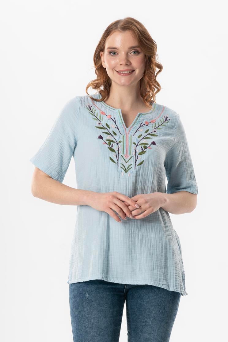 Short Sleeve Çiçek V Neck Embroidered Muslin Summer Blouse Ice Blue