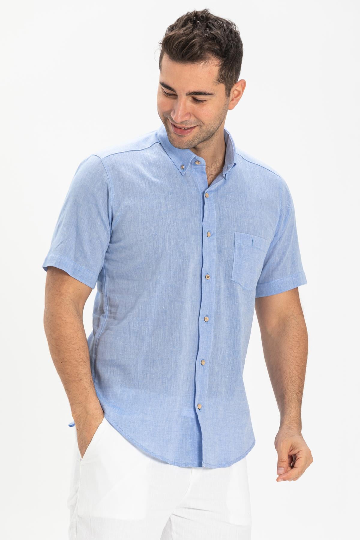 Short Sleeve Slim Fit Sile Fabric Men Shirt Blue