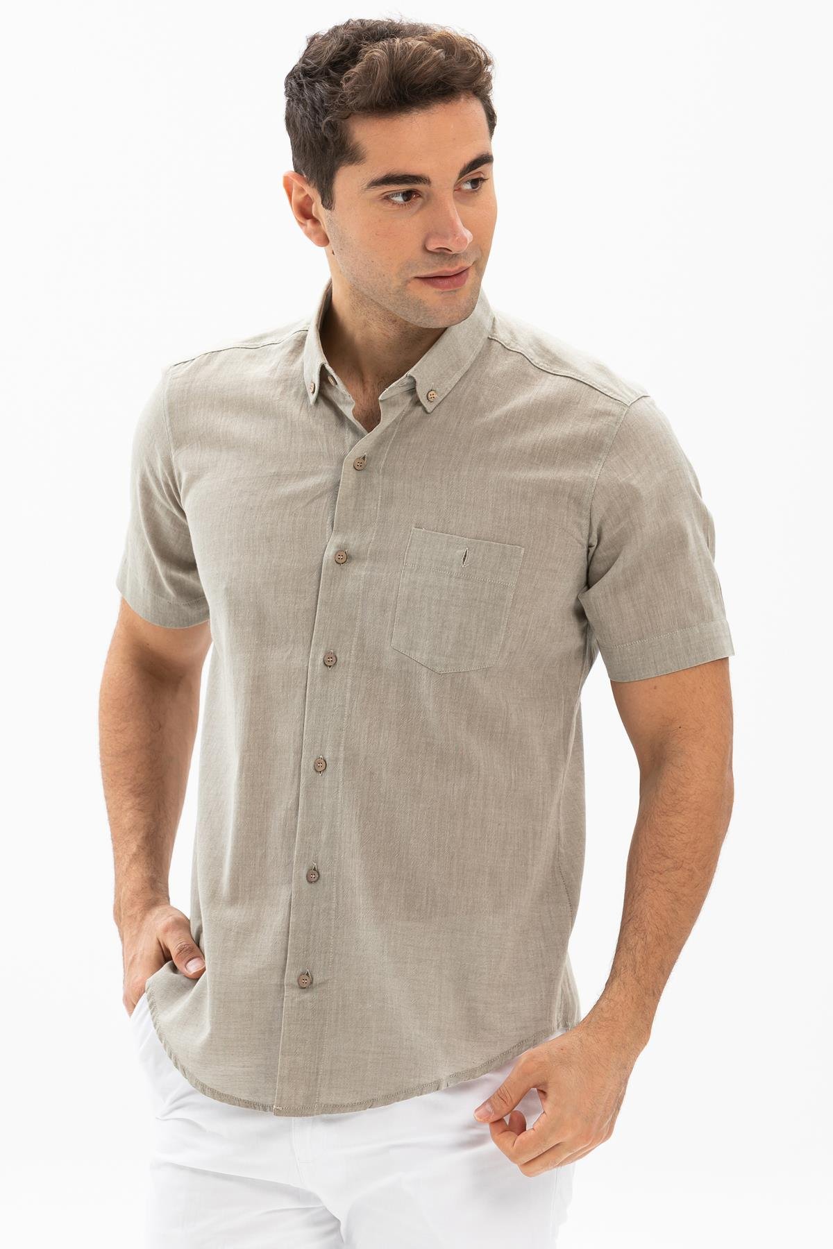 Kısa Kol Dar Kalıp Şile Bezi Tek Cepli Erkek Gömlek Taş 3031