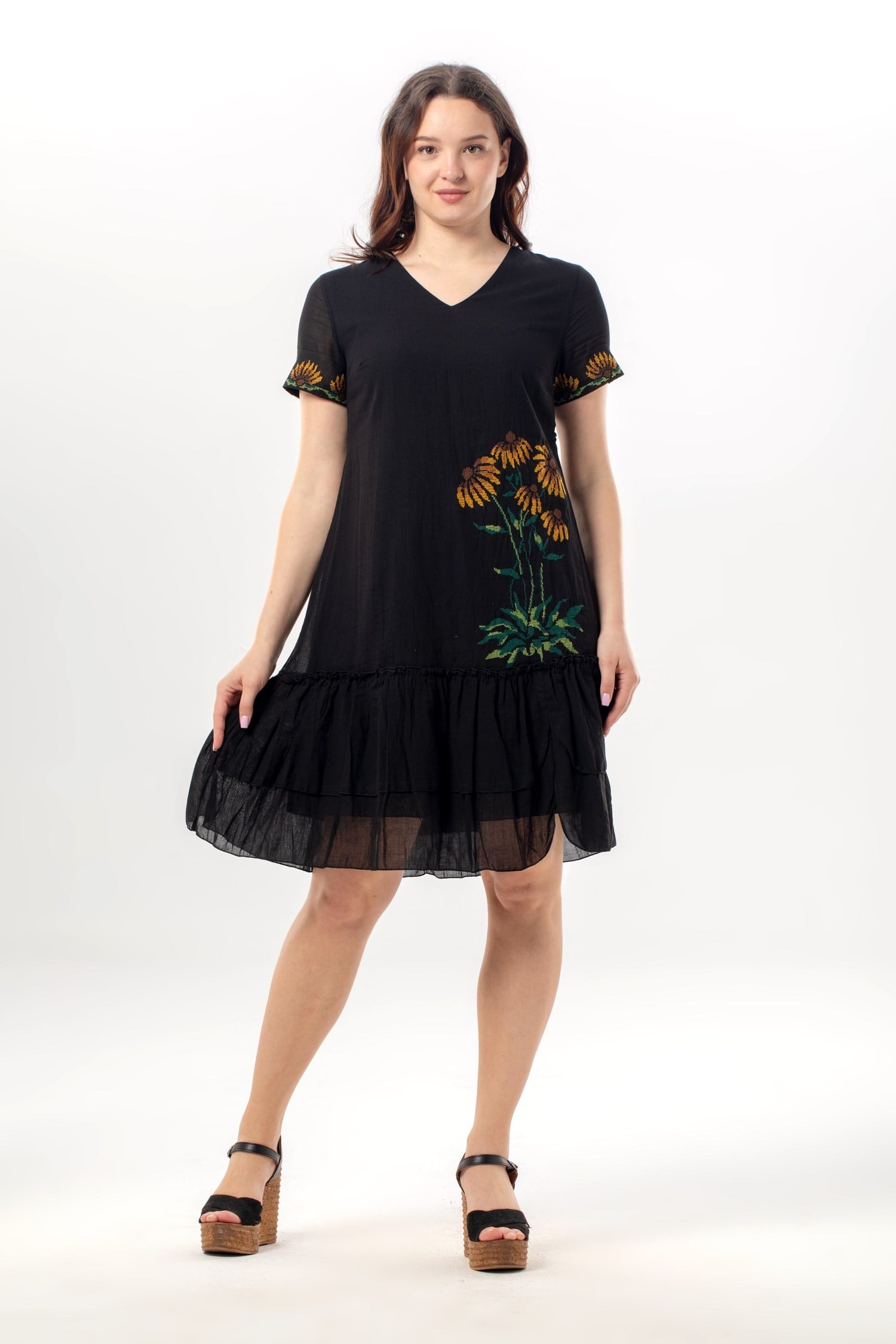 Short Sleeve Dilek Voile Summer Embroidered Casual Short Dress Black