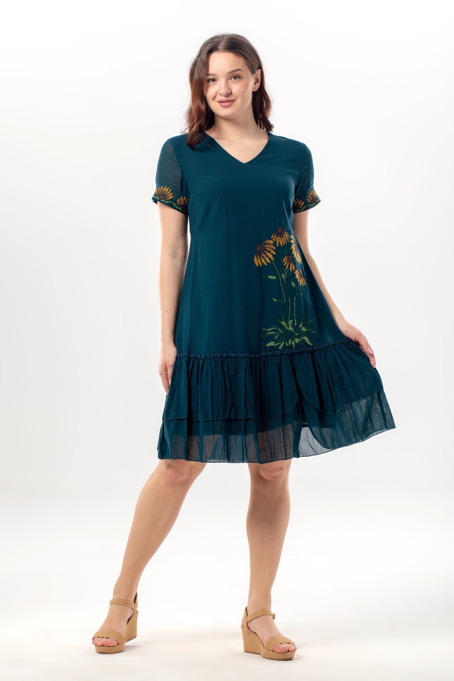 Short Sleeve Dilek Voile Summer Embroidered Casual Short Dress Petrol