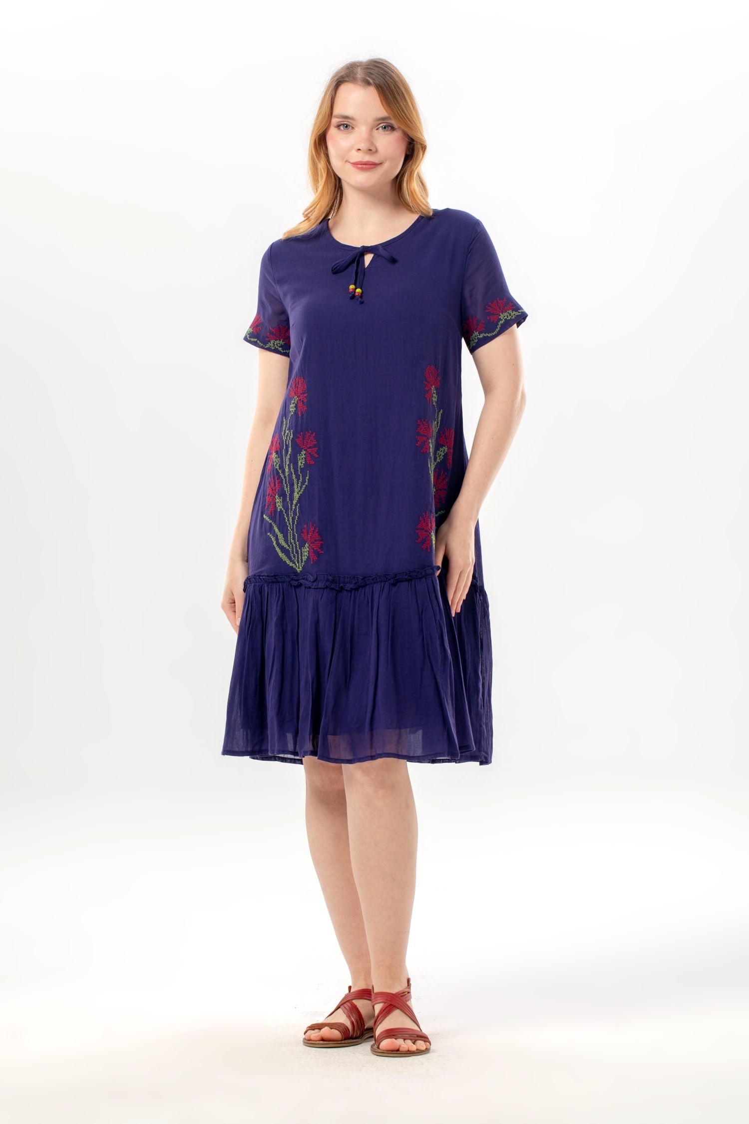 Short Sleeve Gülbin Buttoned V-Neck Embroidered Summer Voile Short Dress Purple