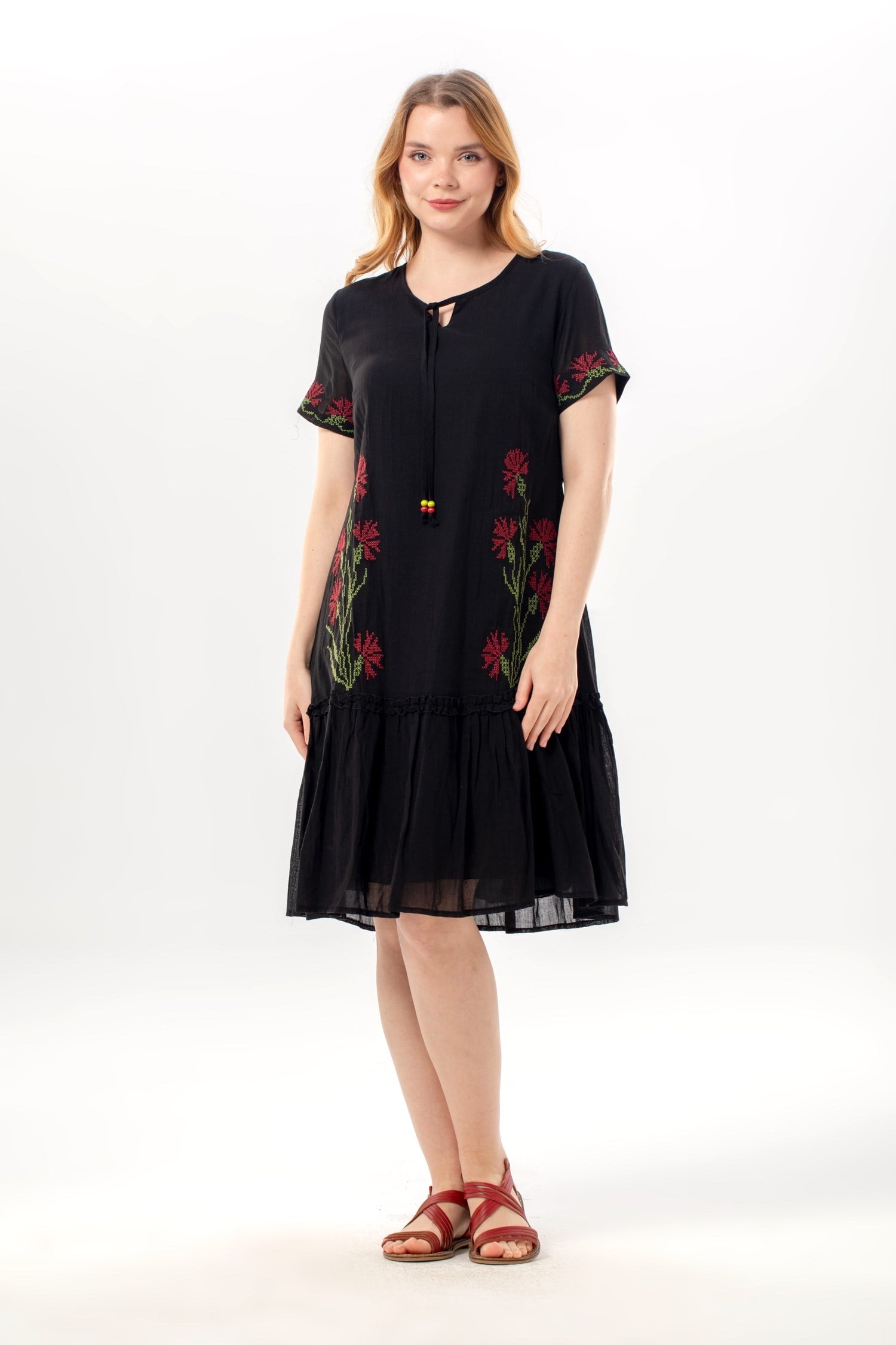 Short Sleeve Gülbin Buttoned V-Neck Embroidered Summer Voile Short Dress Black