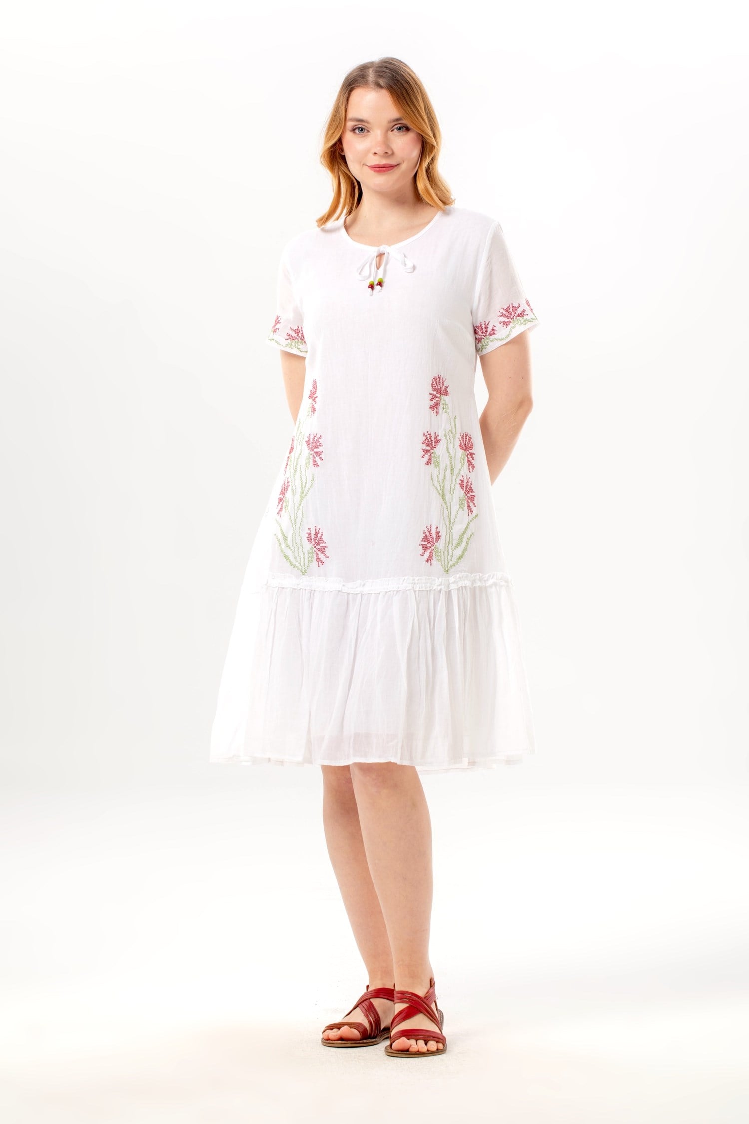 Short Sleeve Gülbin Buttoned V-Neck Embroidered Summer Voile Short Dress White 