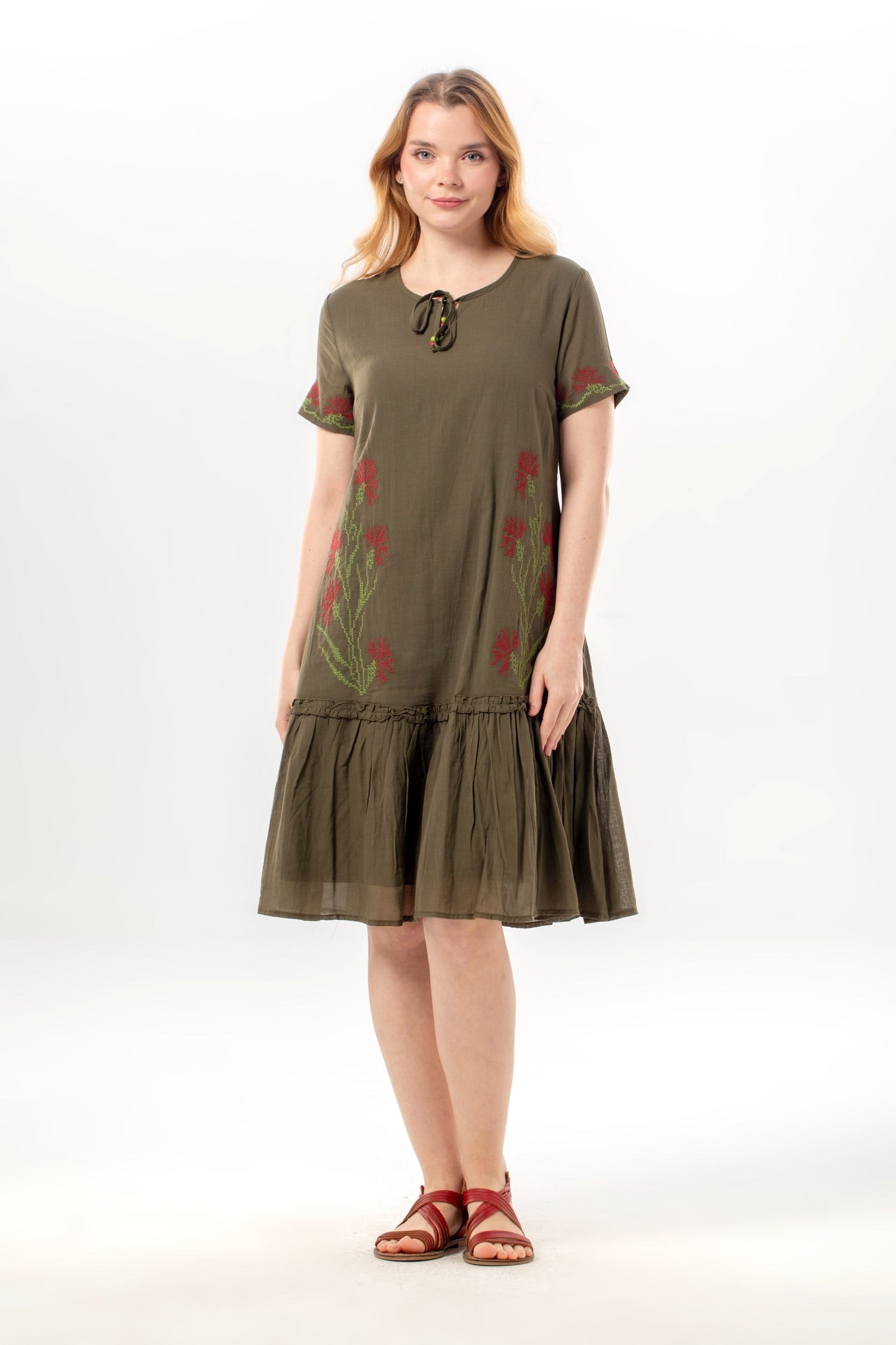 Short Sleeve Gülbin Buttoned V-Neck Embroidered Summer Voile Short Dress Khaki