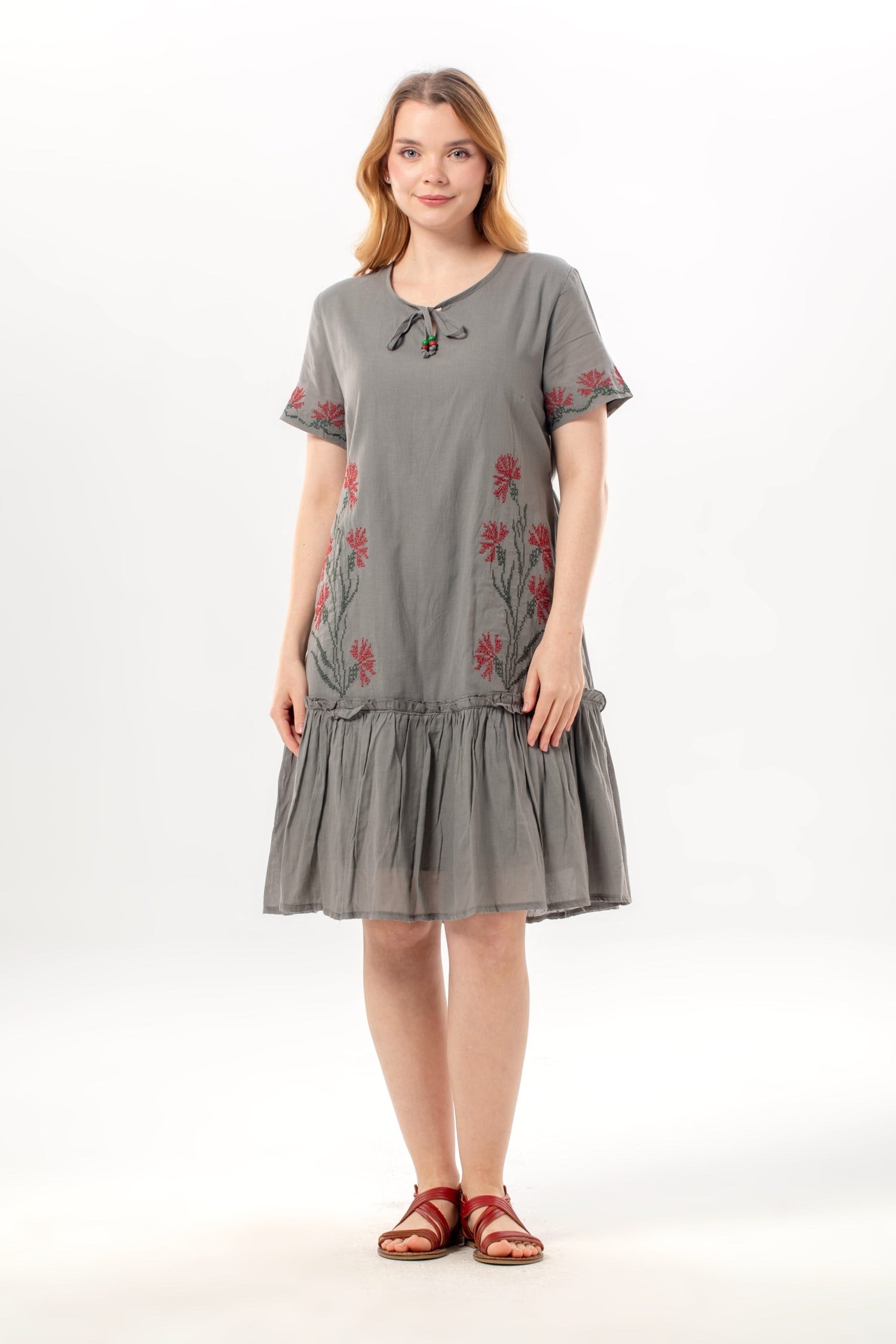 Short Sleeve Gülbin Buttoned V-Neck Embroidered Summer Voile Short Dress Gray