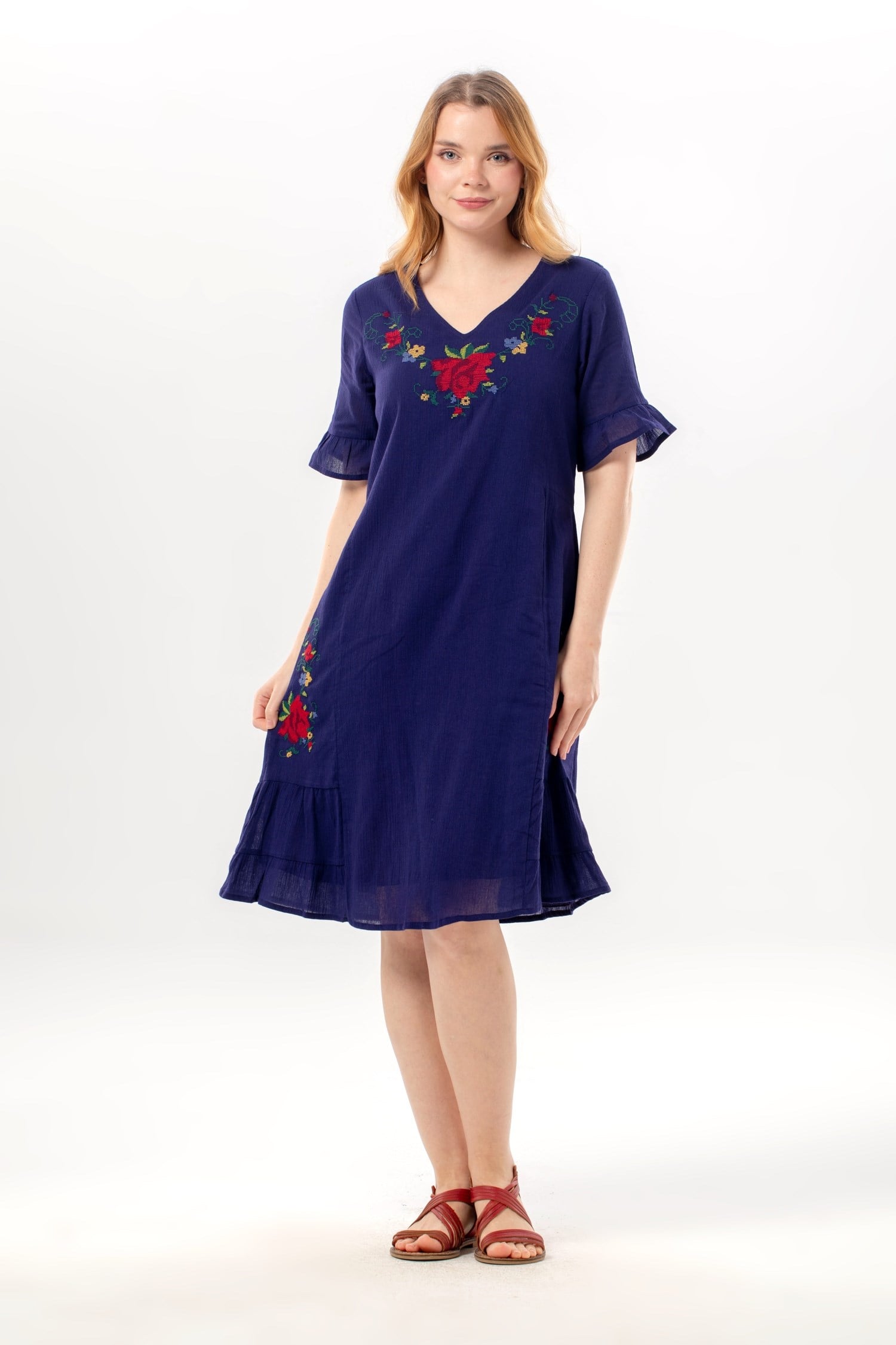 Short Sleeve İrem Embroidery Detailed Midi Length Summer Şile Cloth Dress Purple