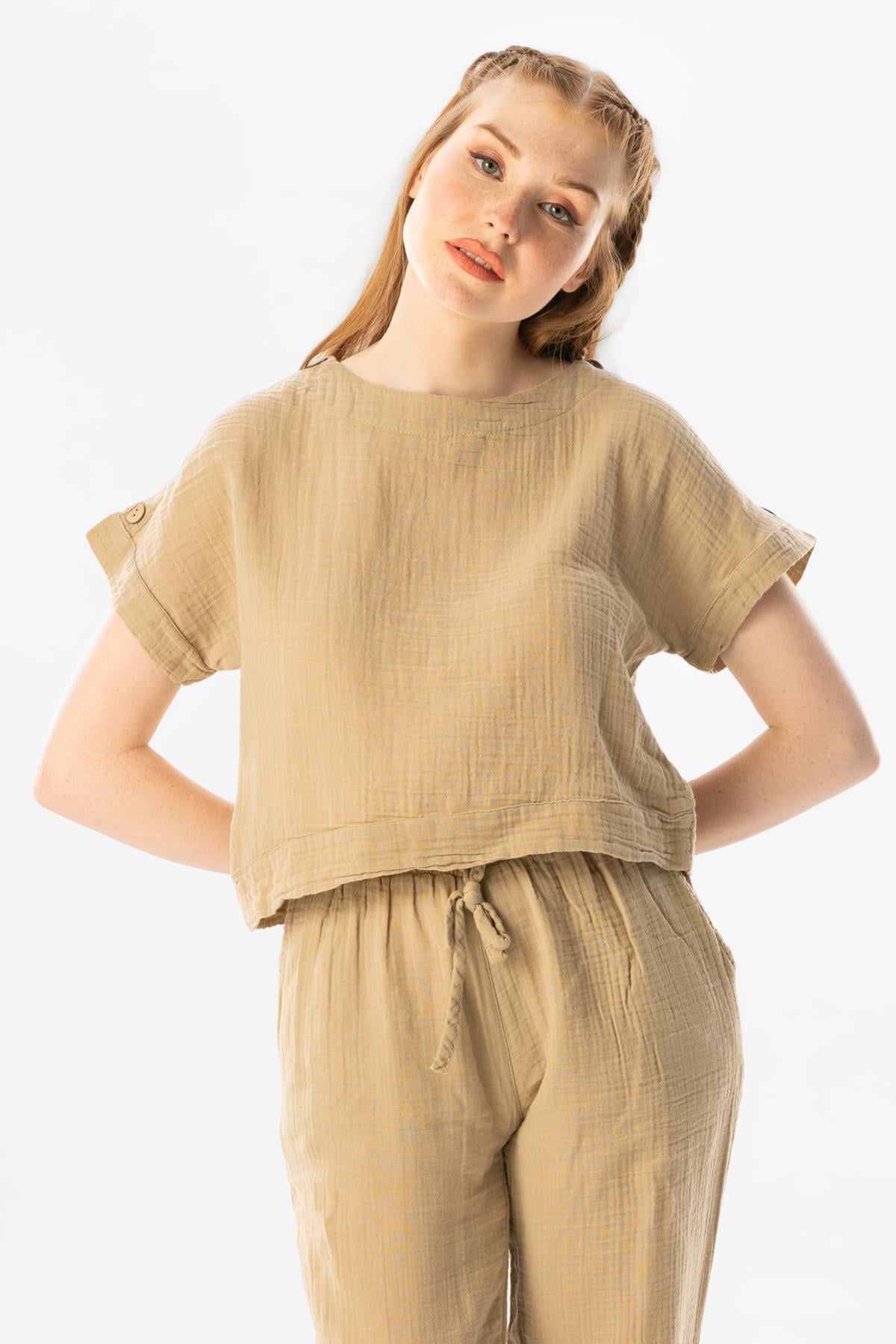 Short Sleeve Muslin Izel Blouse Mink Color