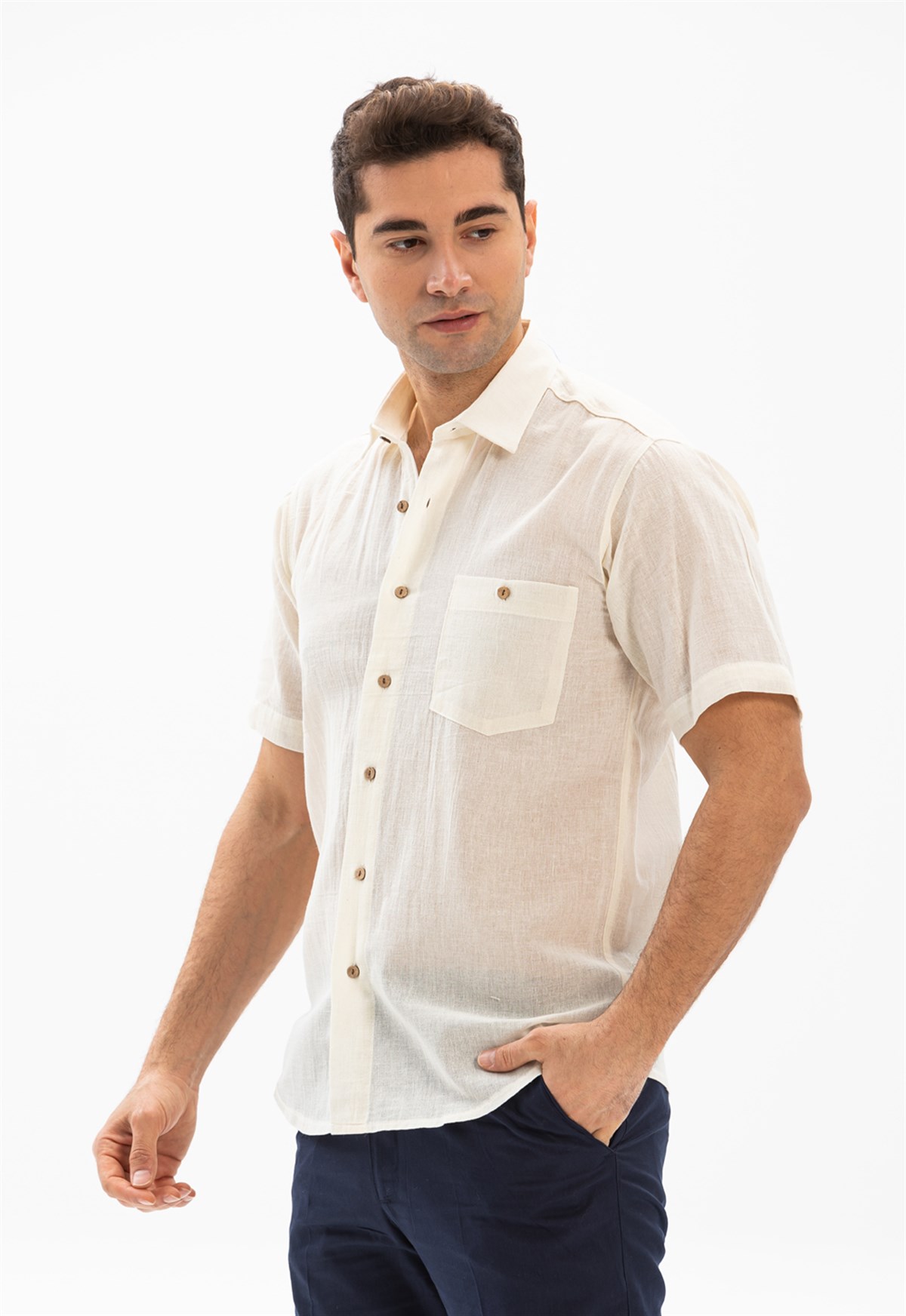 Short Arm Köy Bezi Men Shirt Cream