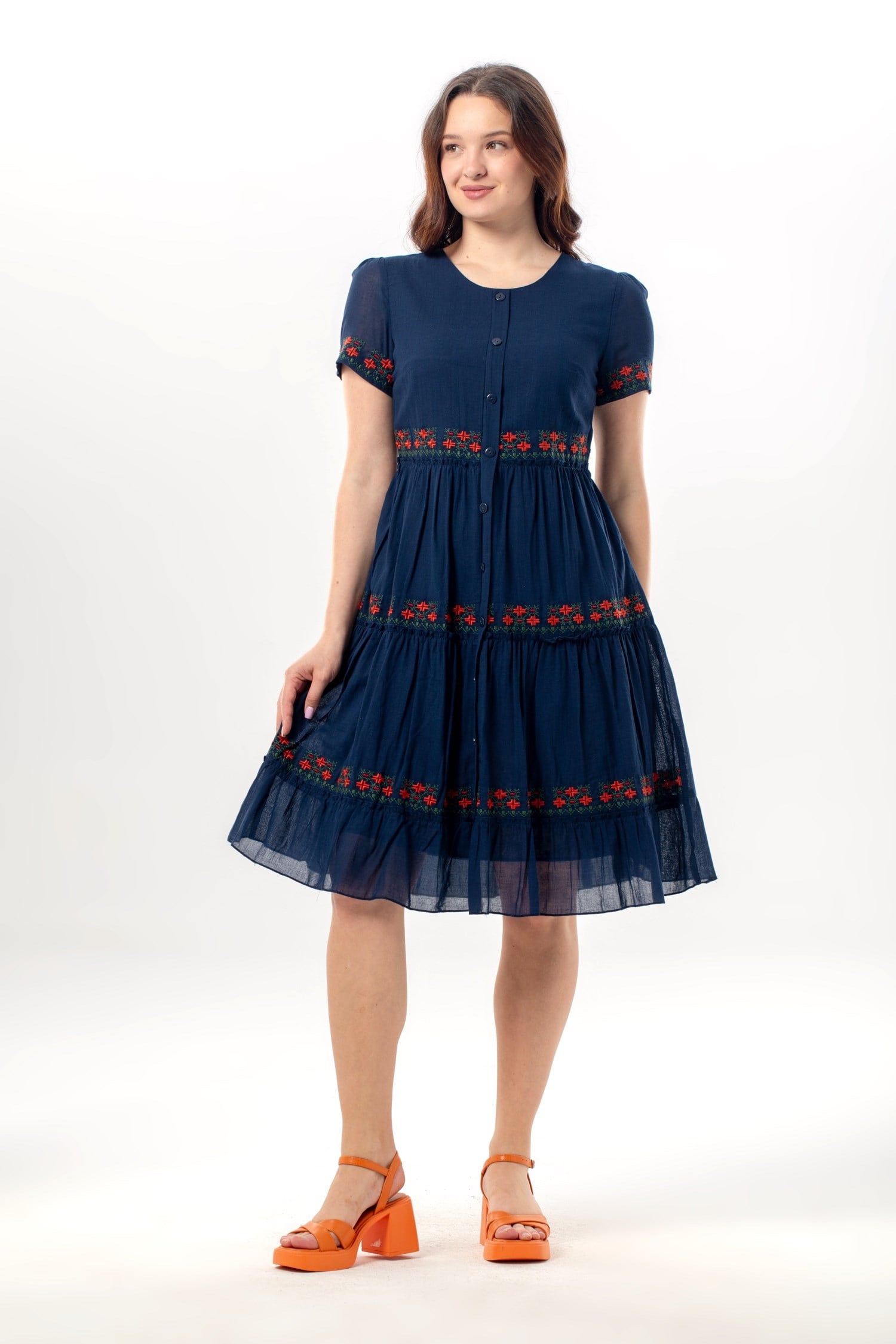 Short Sleeve Neva Bicycle Neck Embroidered Authentic Voile Short Dress Dark Blue